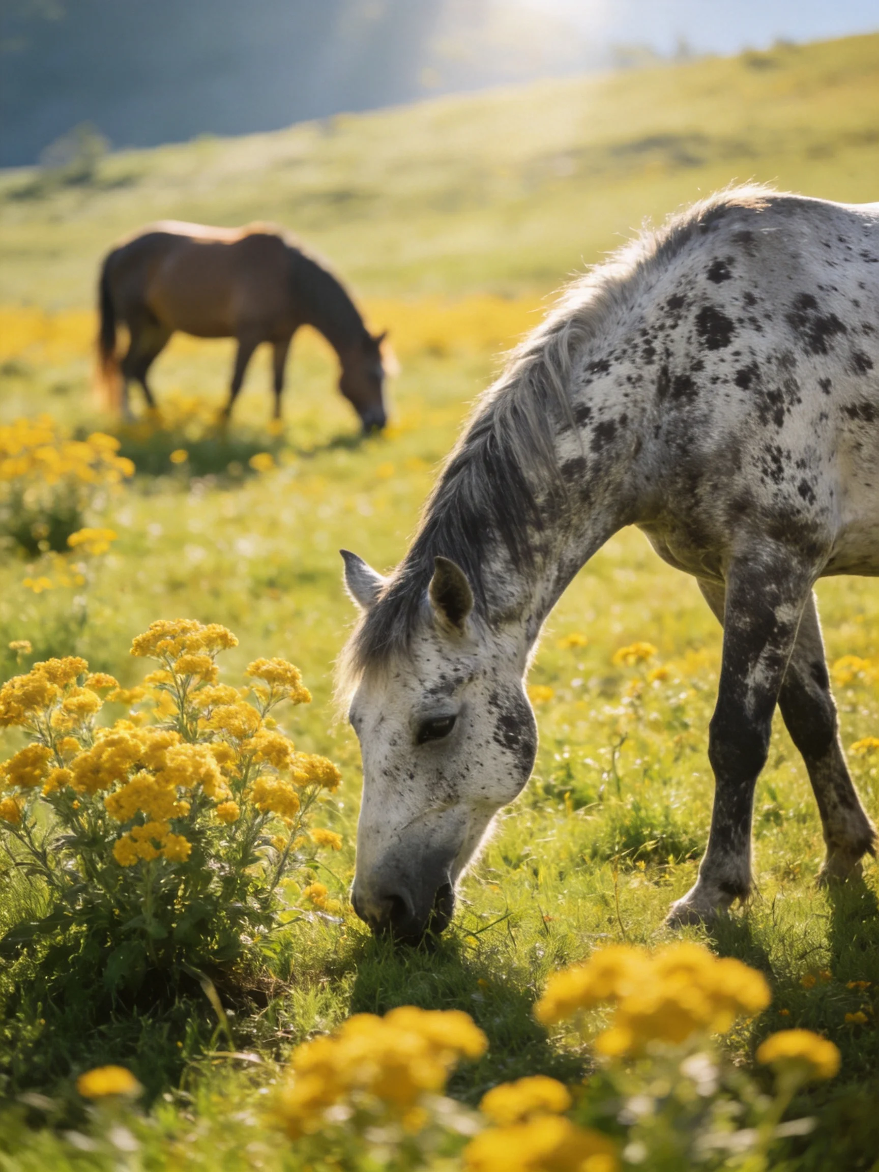 Two horses graze in a sunlit meadow with yellow wildflowers