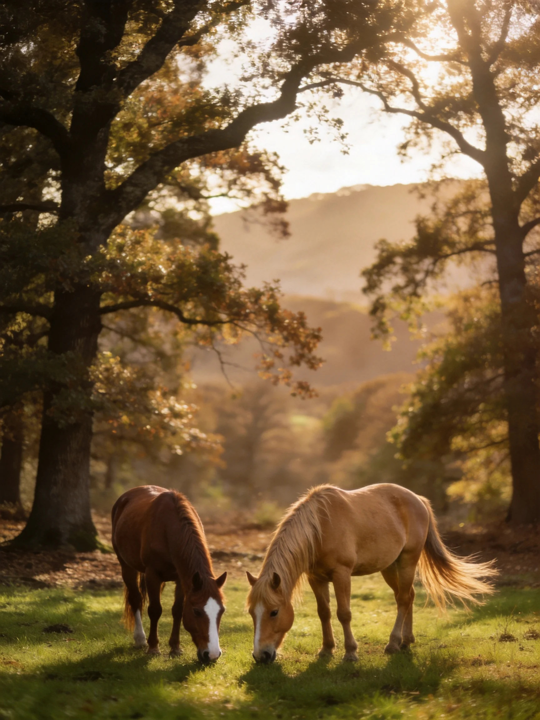 Two horses graze in a sunlit wooded meadow
