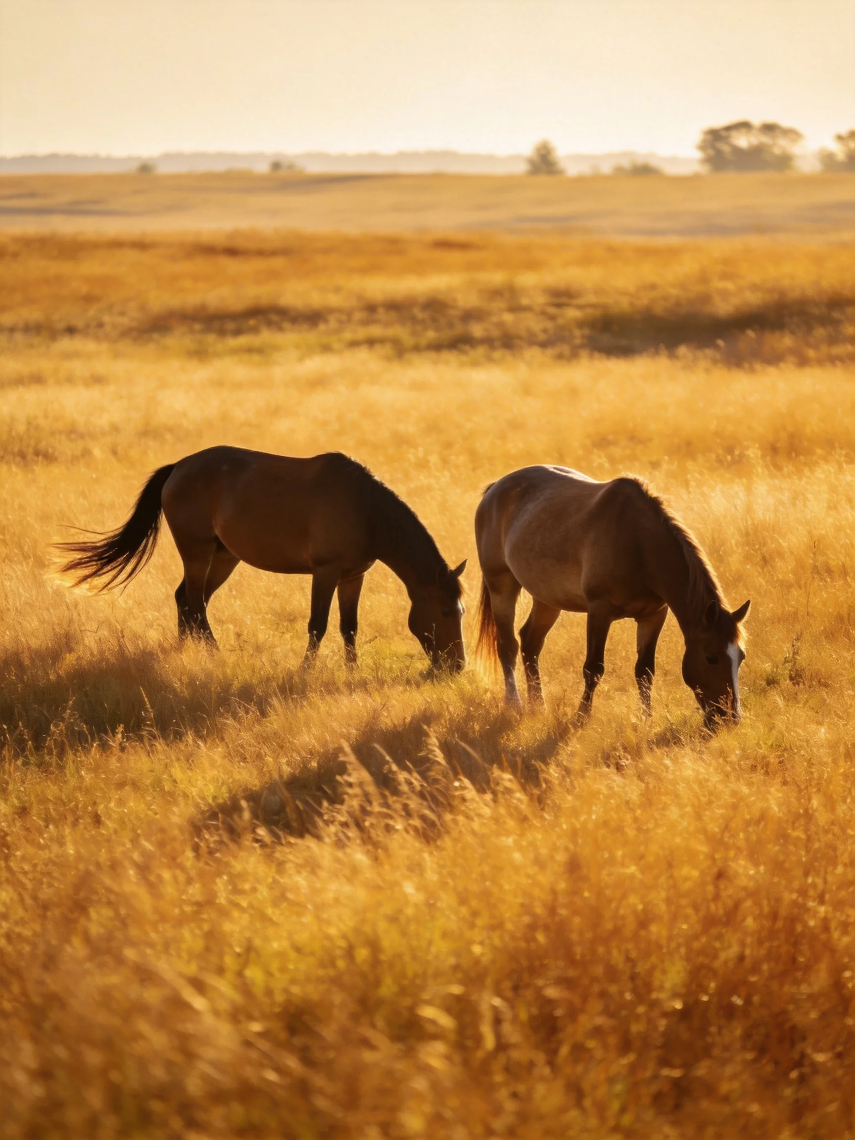 Two horses graze in a sunlit golden field.