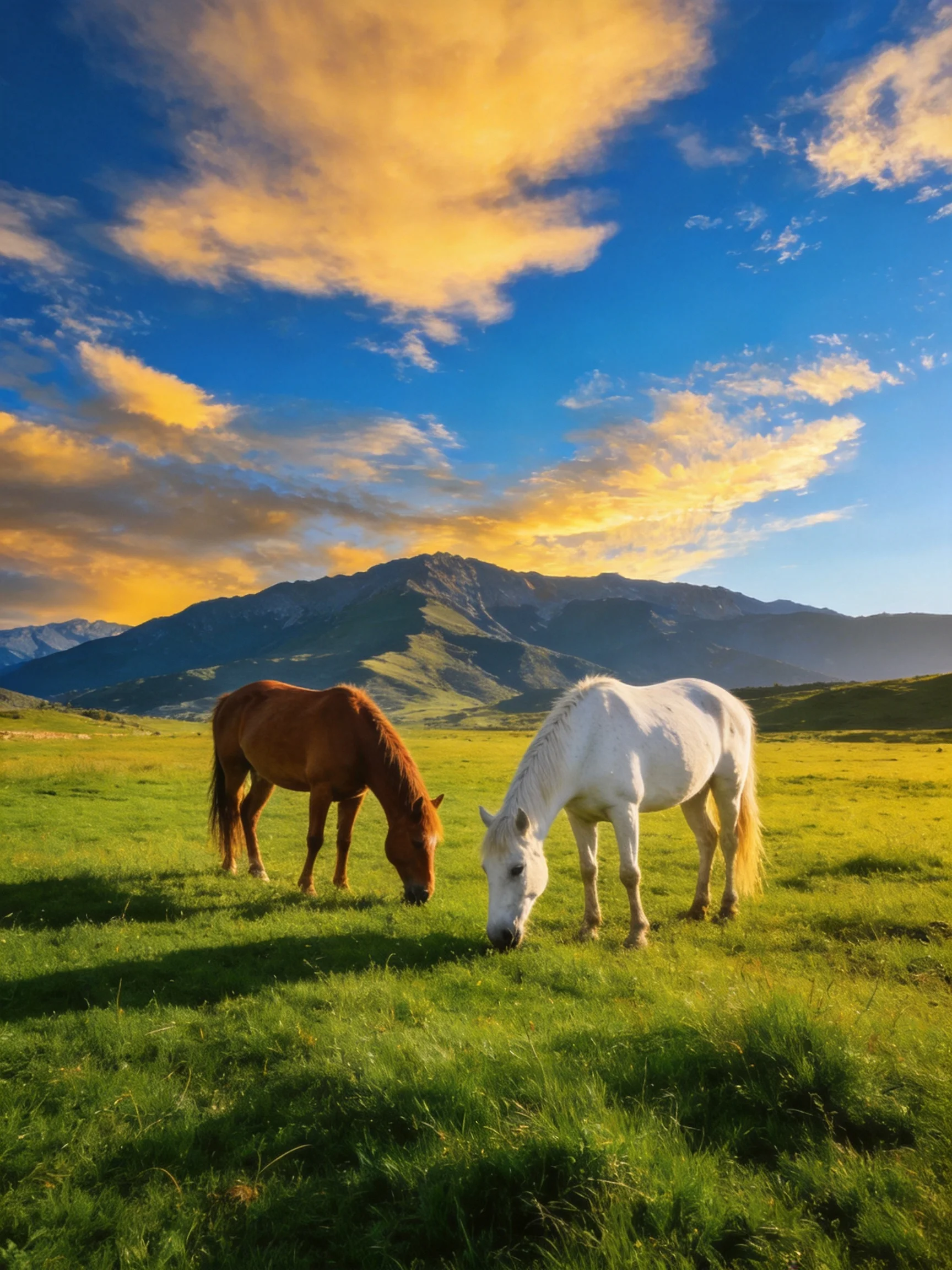 Two horses graze in a meadow with mountains and a colorful sky.