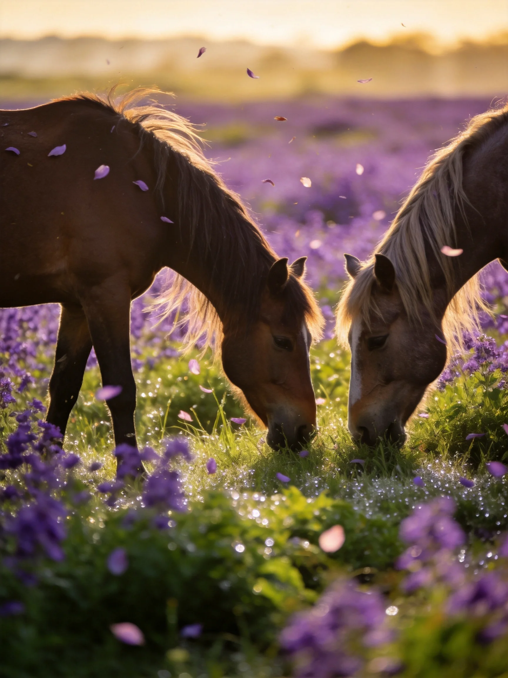 Two horses graze in a vibrant purple flower-filled meadow at golden hour