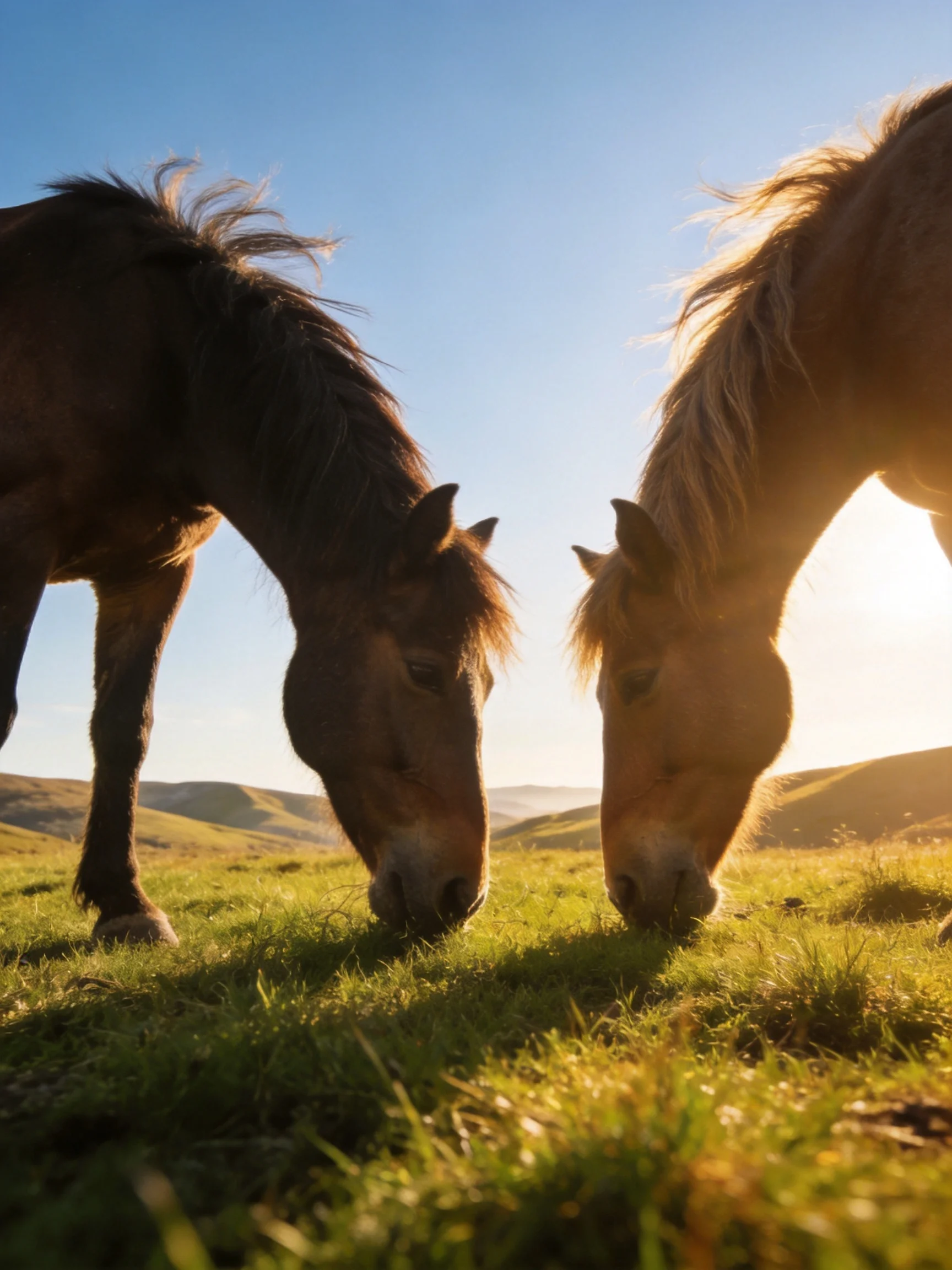 Two horses graze in golden sunlight on rolling green hills