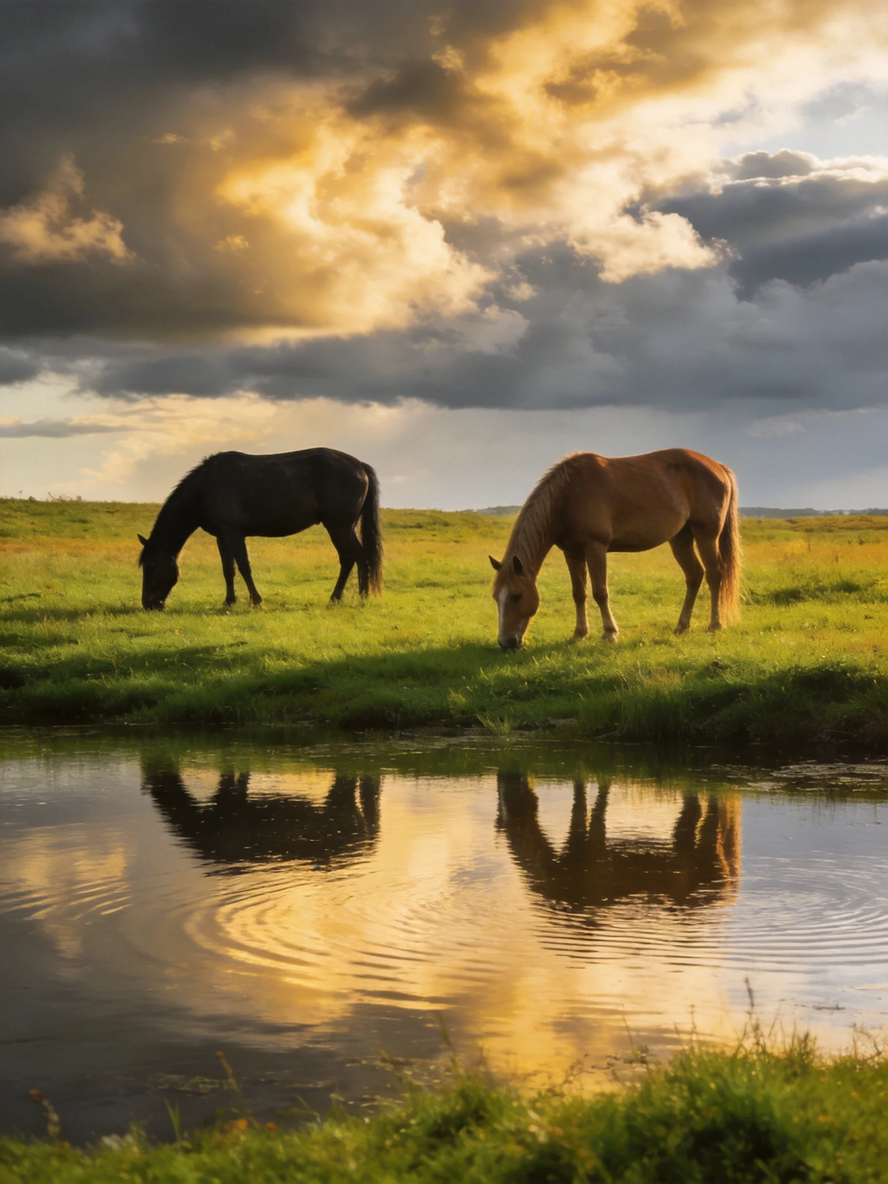 Two horses graze near a reflective pond under golden clouds