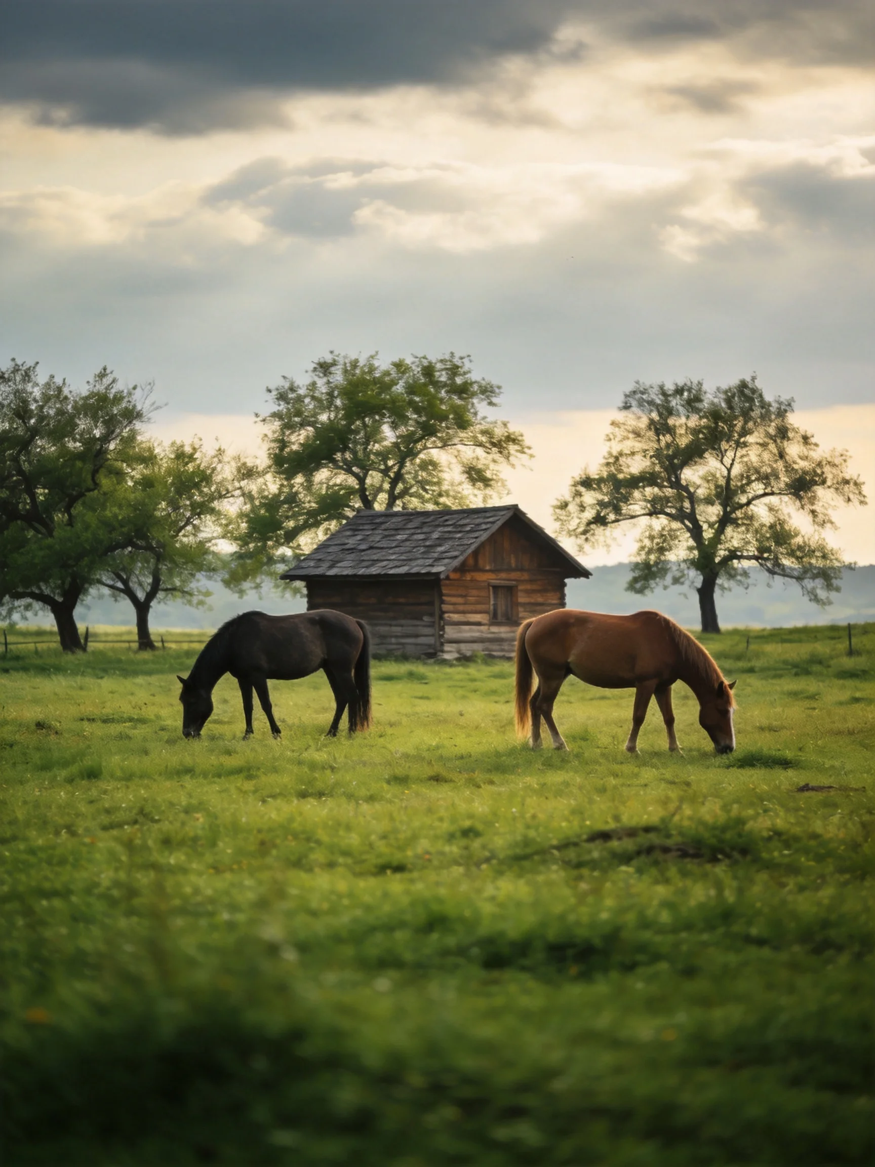 Two horses graze in a lush meadow beside a rustic log cabin under a cloudy sky.