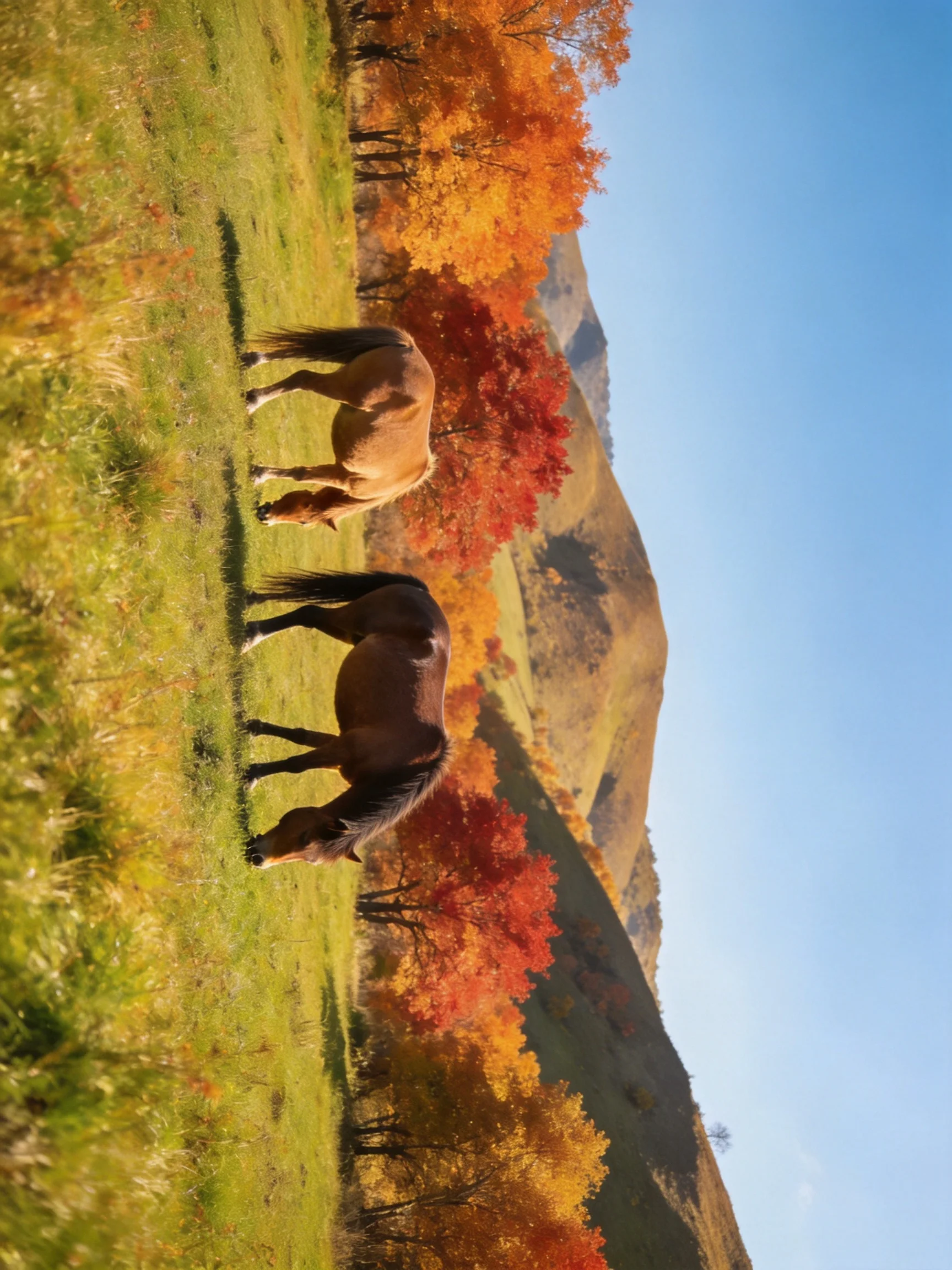 Two horses graze in a sunlit meadow with colorful autumn trees.