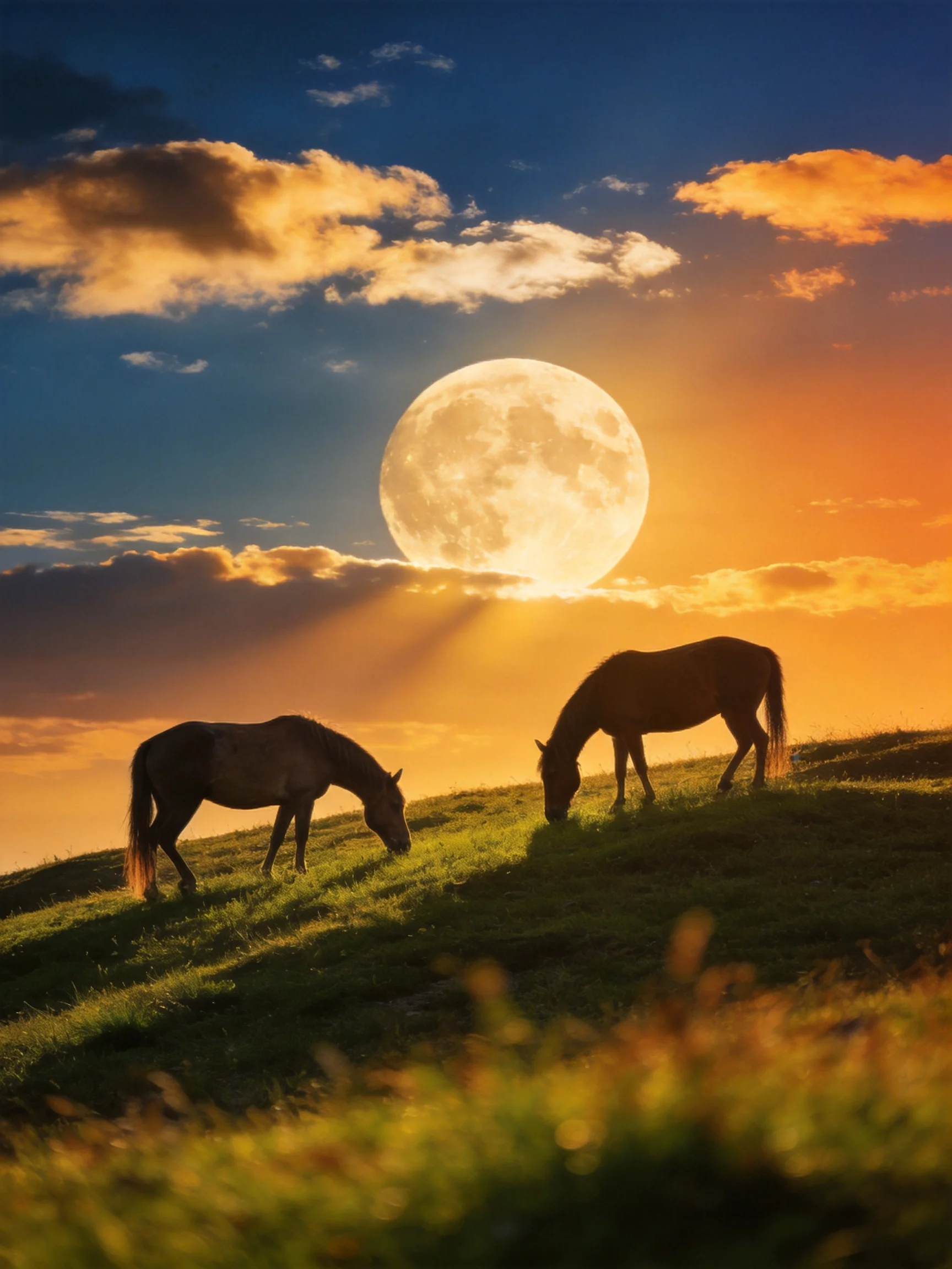 Two horses graze on a grassy hill beneath a large moon at sunset