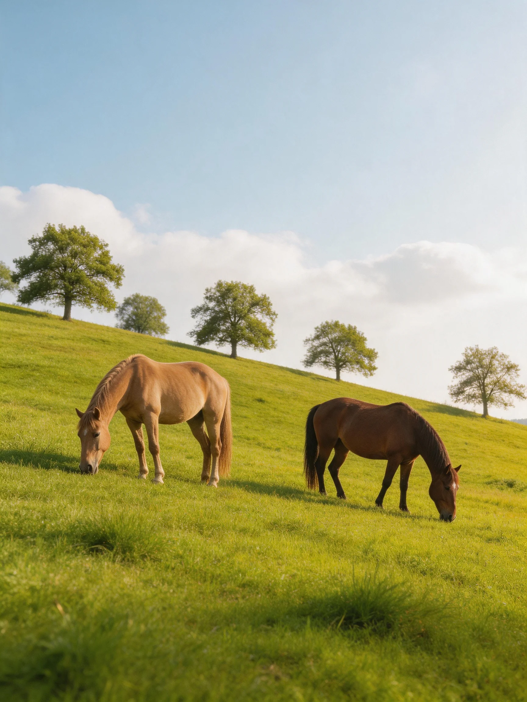 Two horses graze on a lush green hillside with scattered trees