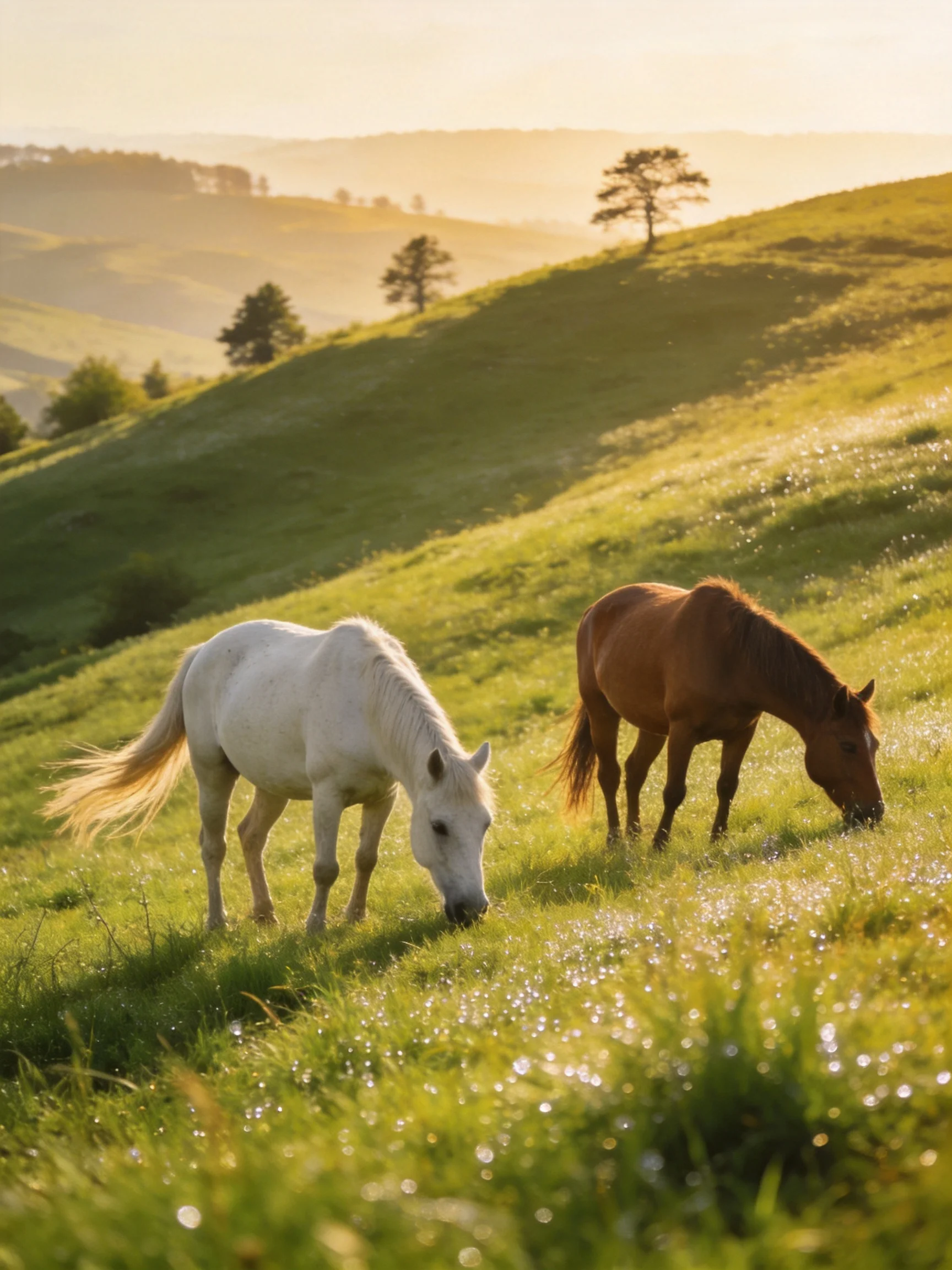 Two horses graze on a sunlit green hillside with dewy grass