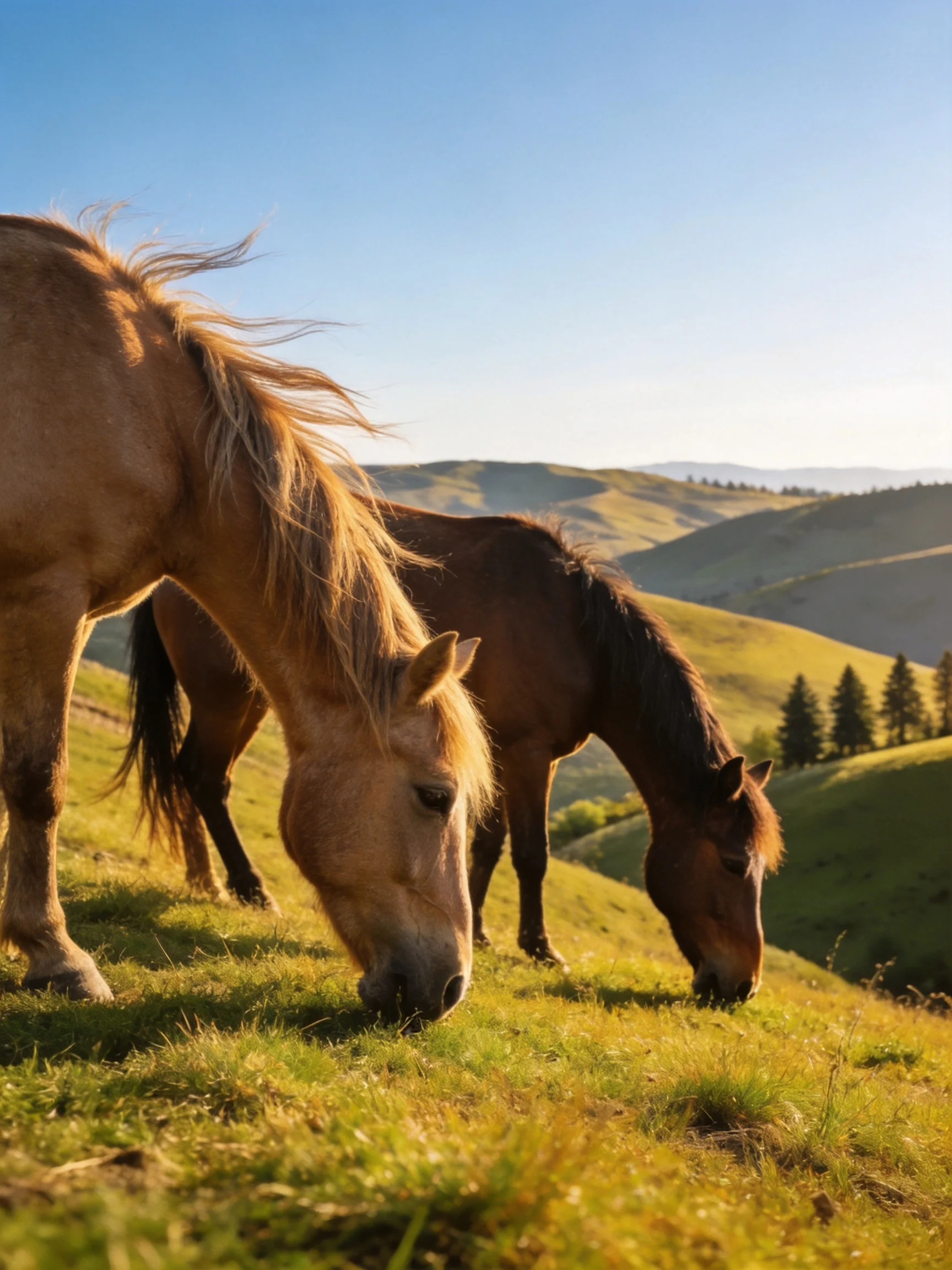 Two horses graze on a sunlit hside with rolling green slopes