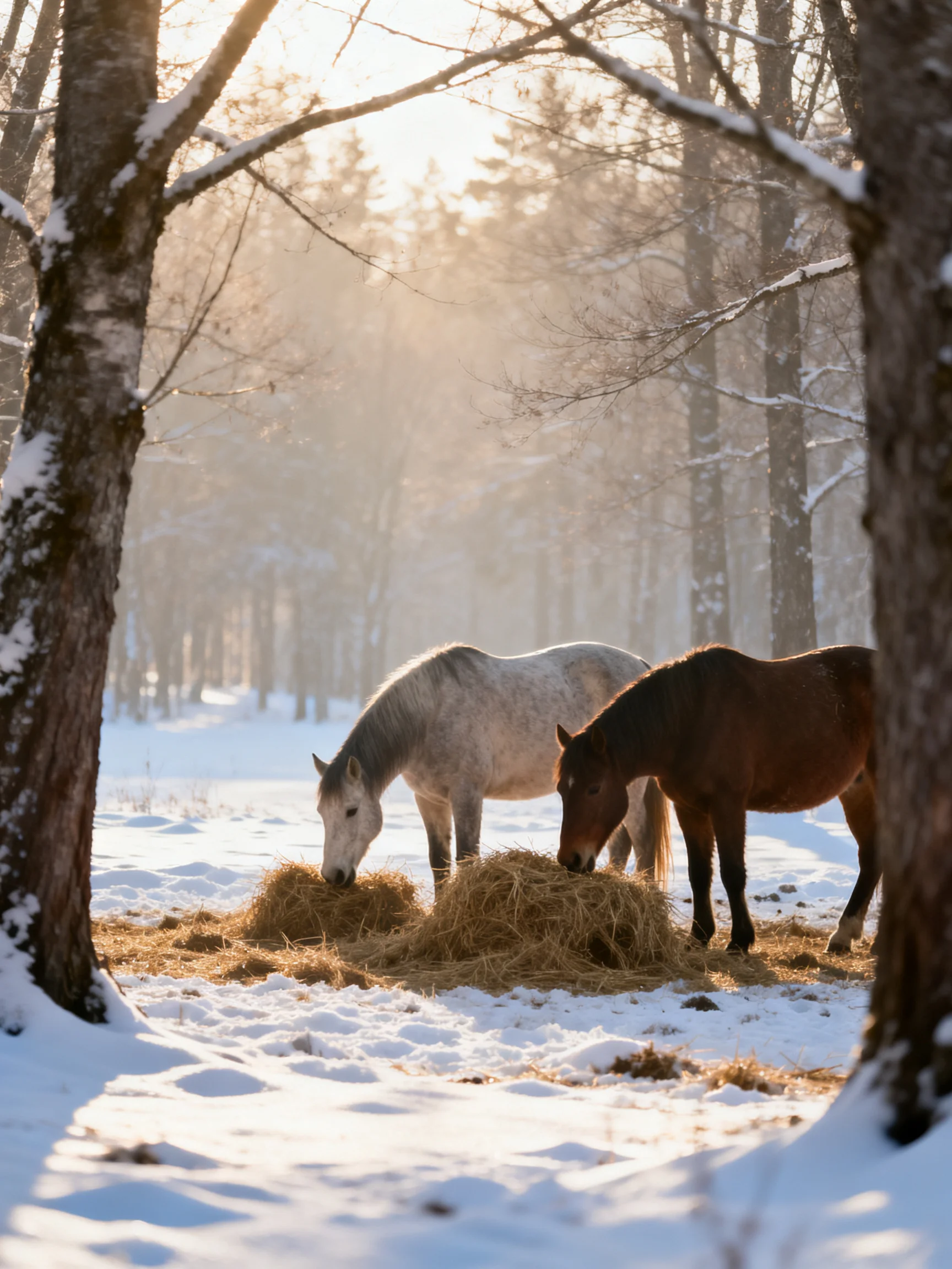 Two horses graze on hay in a sunlit snowy forest