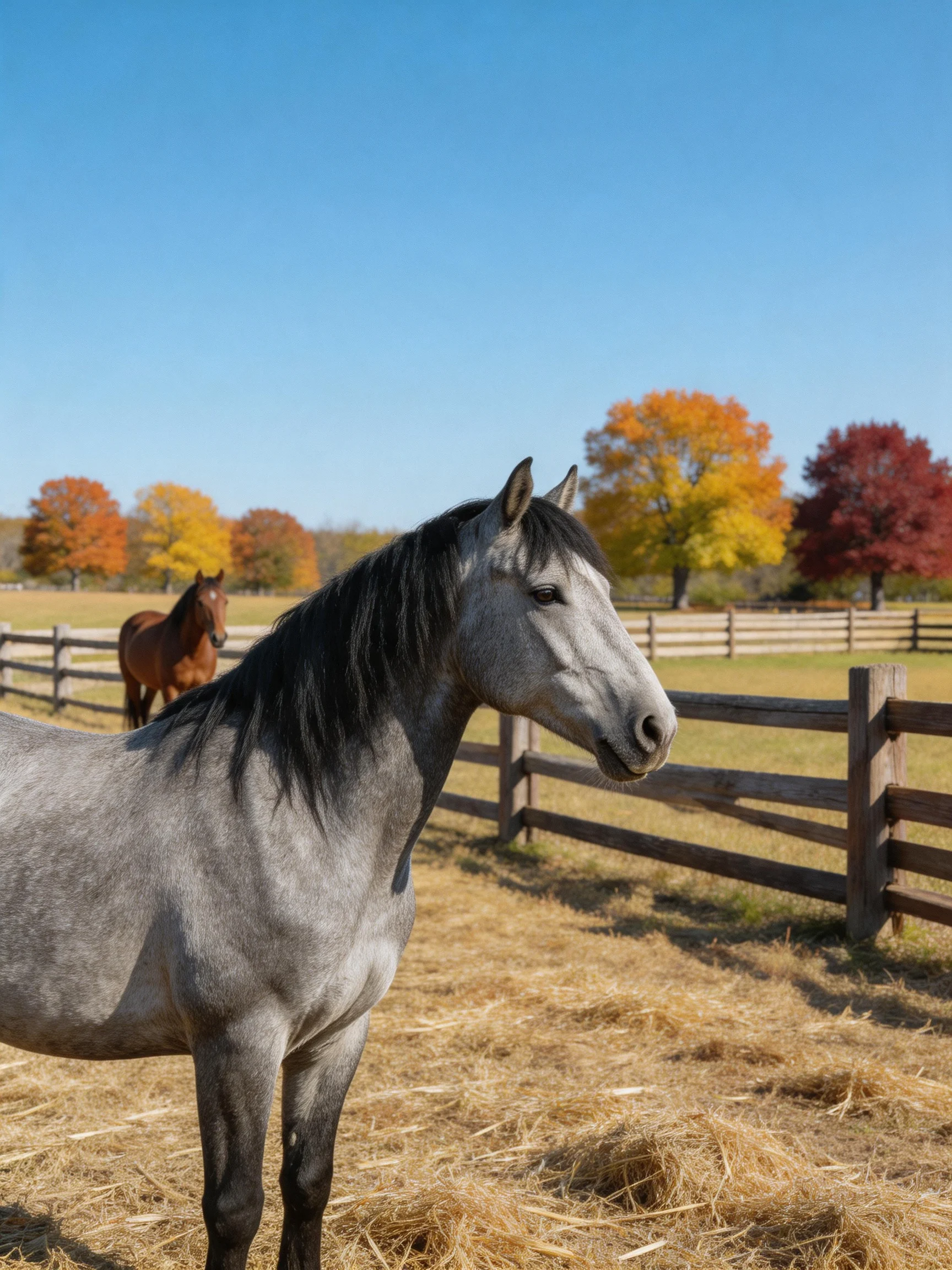 Two horses in a fenced pasture with colorful autumn trees