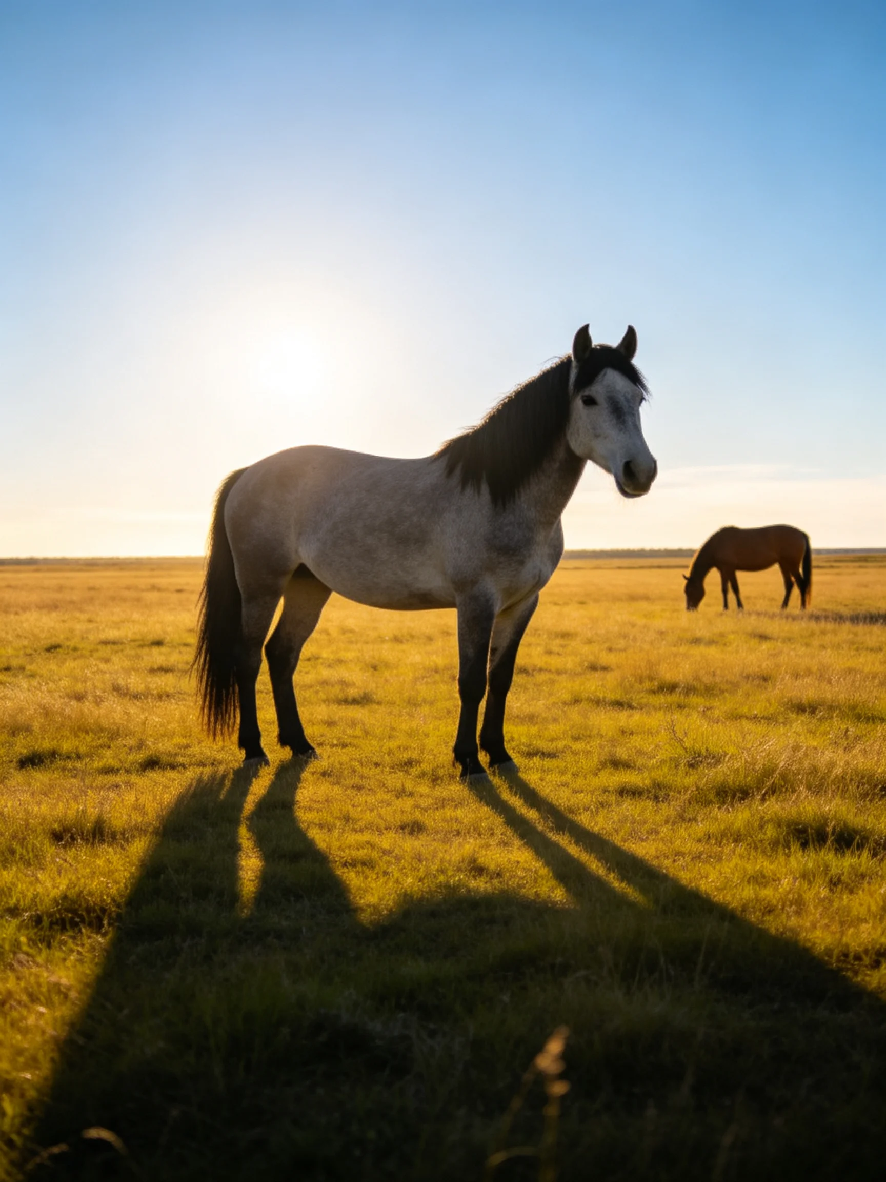 Two horses, one standing, one grazing, in a golden field under sunlight.