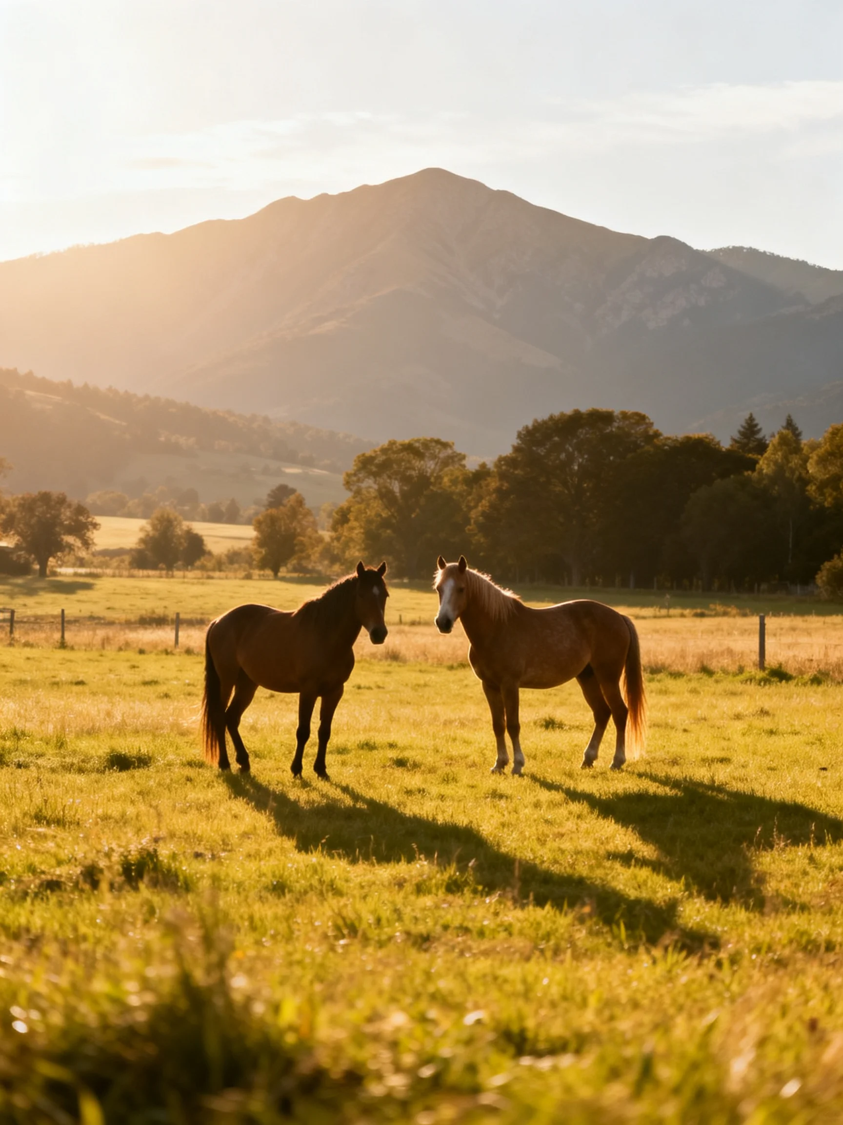 Two horses in a golden field with distant mountains
