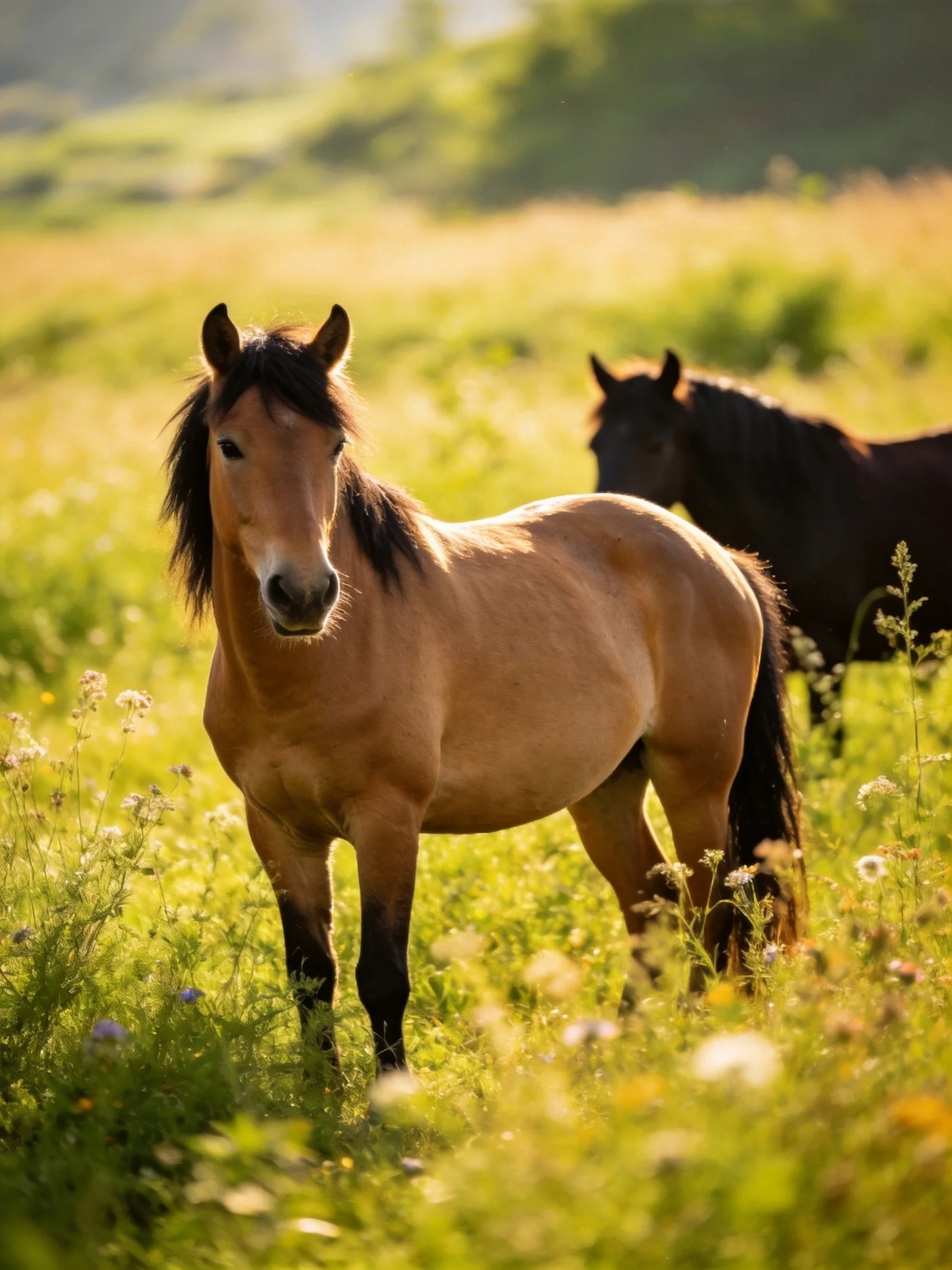 Two horses stand in a sunlit meadow with wildflowers.