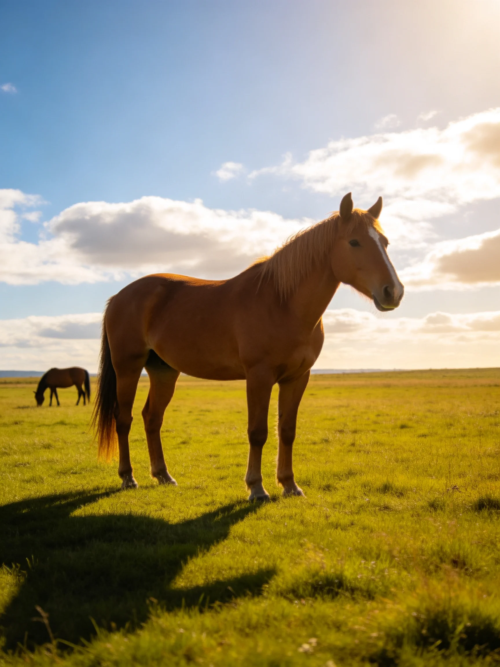 Two horses exist in a sunlit meadow, one standing, one grazing.
