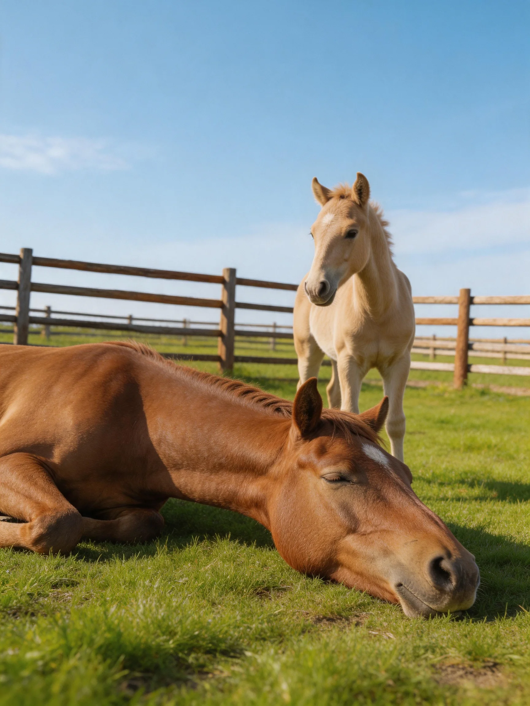 Two horses in a sunny fenced pasture—one resting, one standing