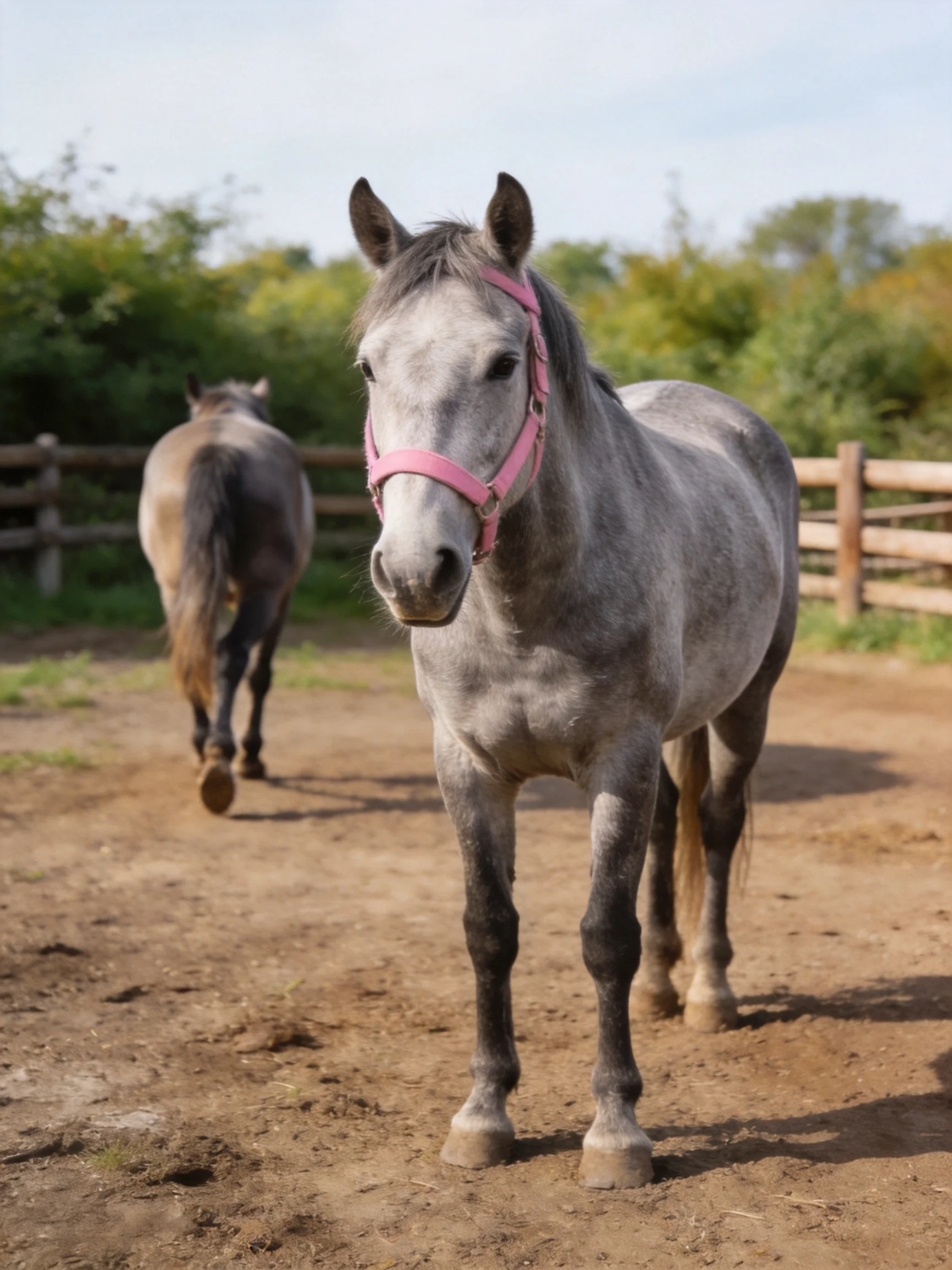 Two horses in an outdoor paddock, one gray with pink halter
