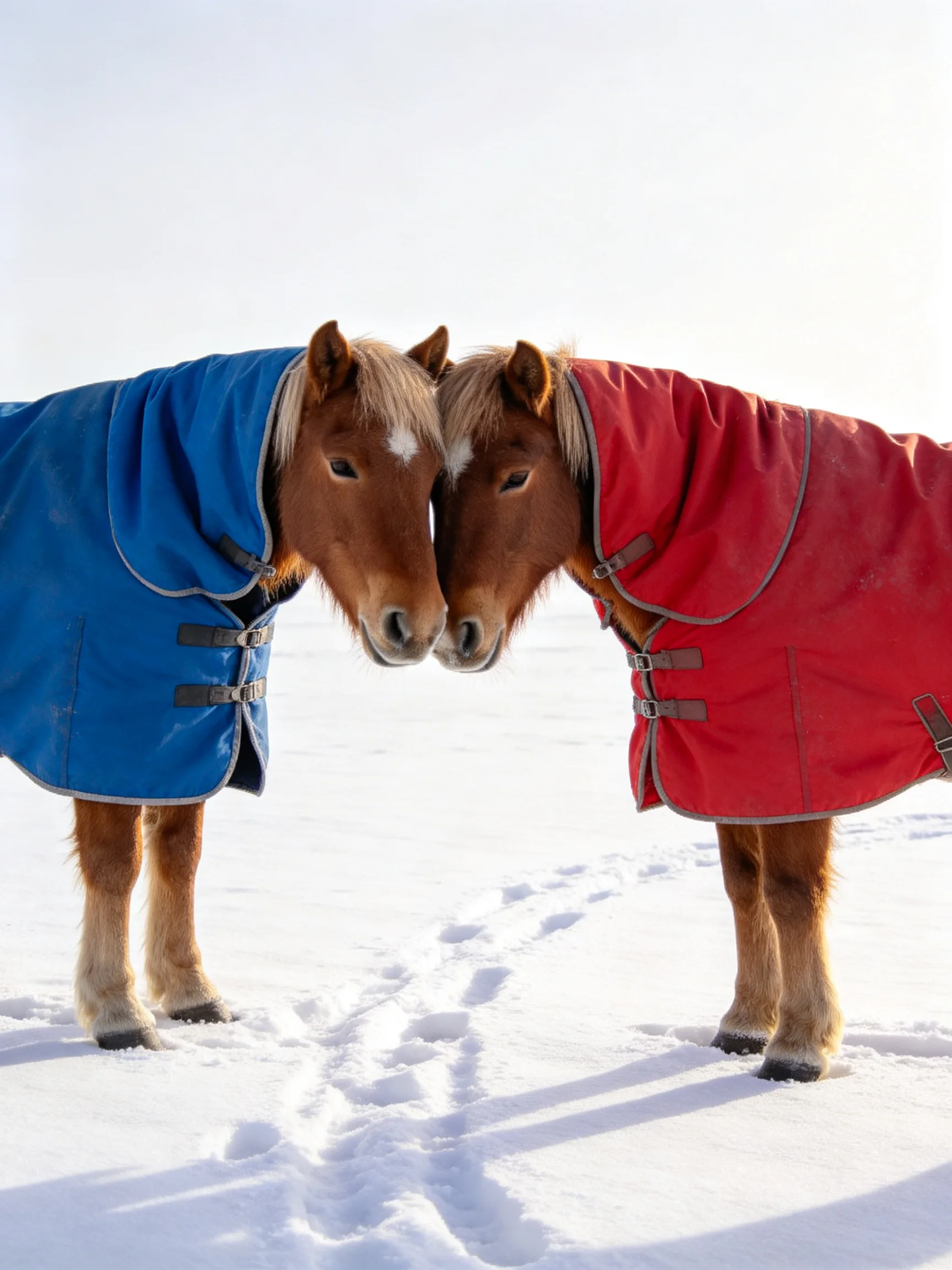 Two horses in blue and red coats nuzzle in a snowy landscape