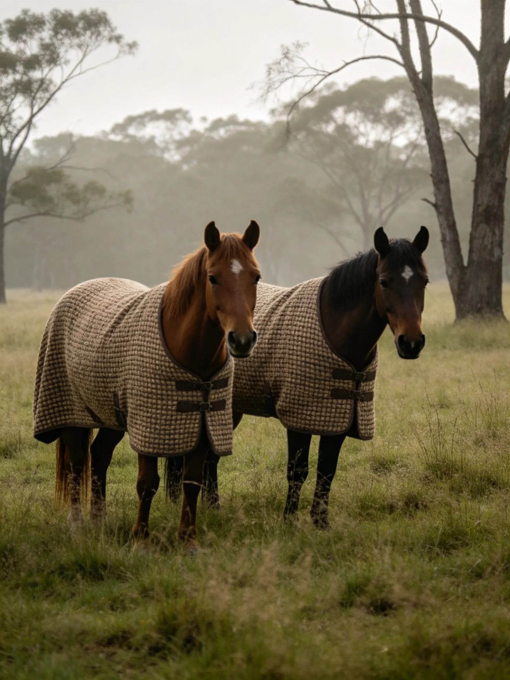 Two horses in patterned blankets stand in a misty wooded field