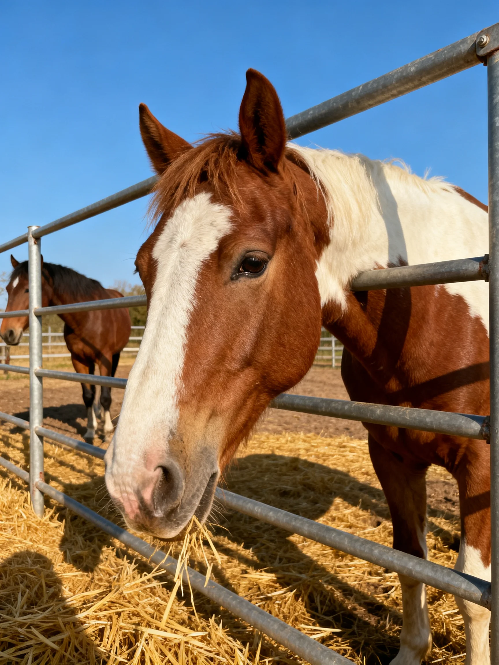 Two horses near a metal fence with golden hay under clear blue sky