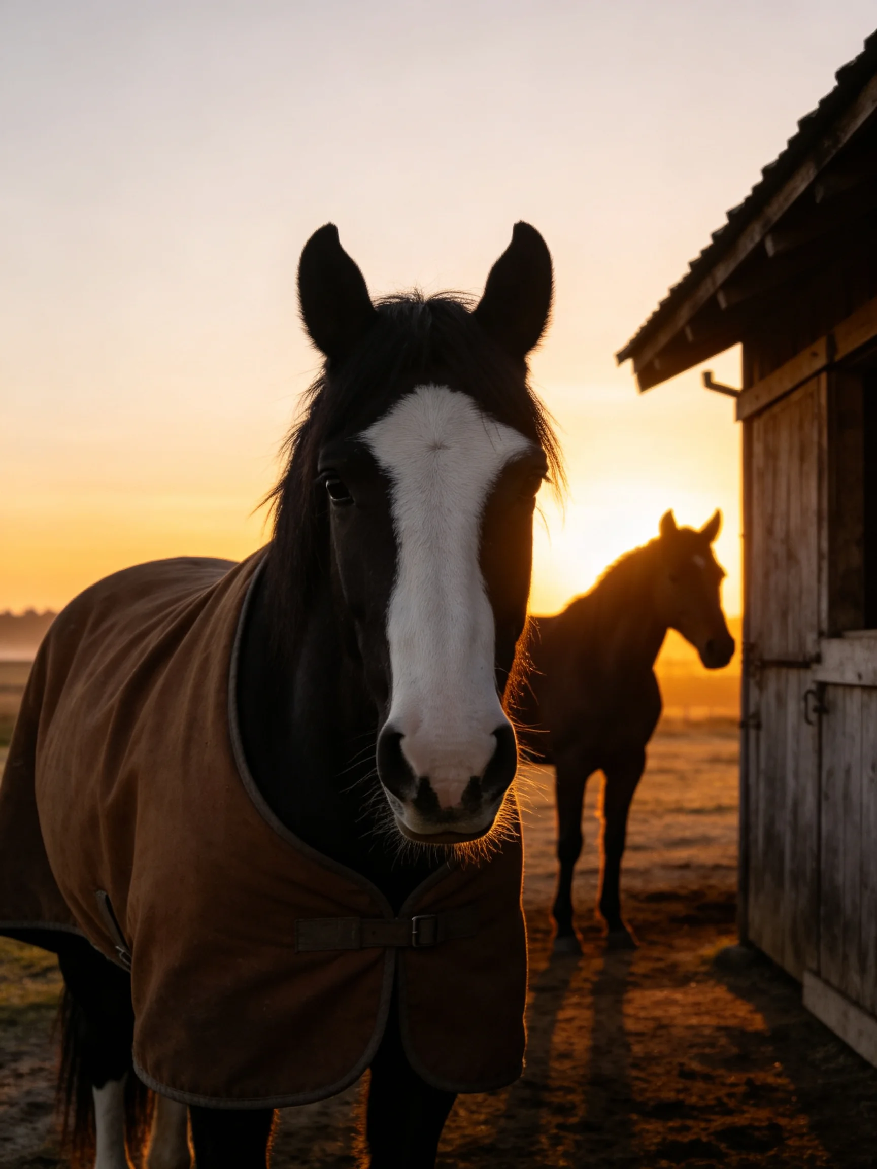 Two horses near a wooden shed during golden-hour sunset