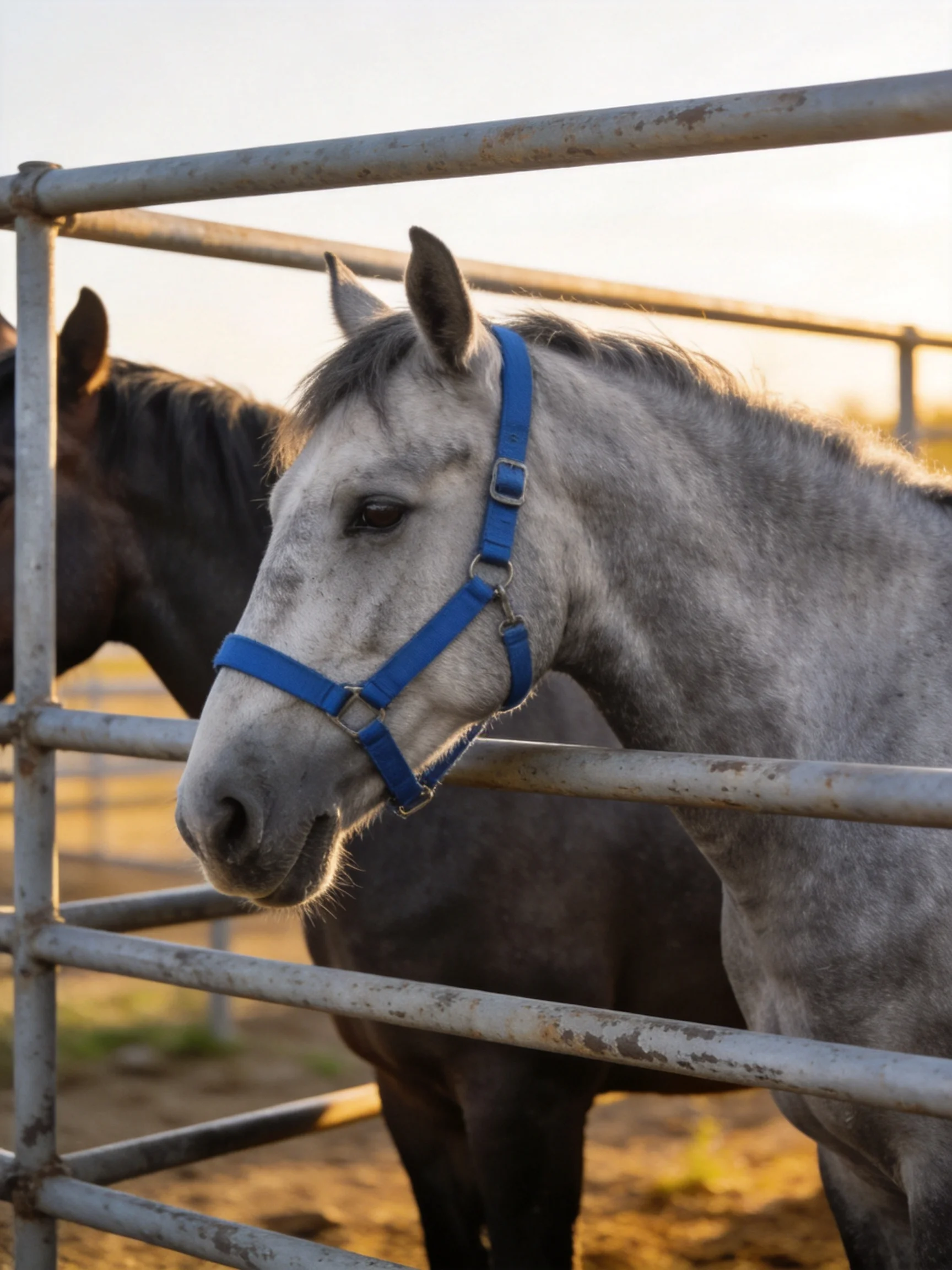Two horses near metal fence, gray with blue halter, dark horse behind