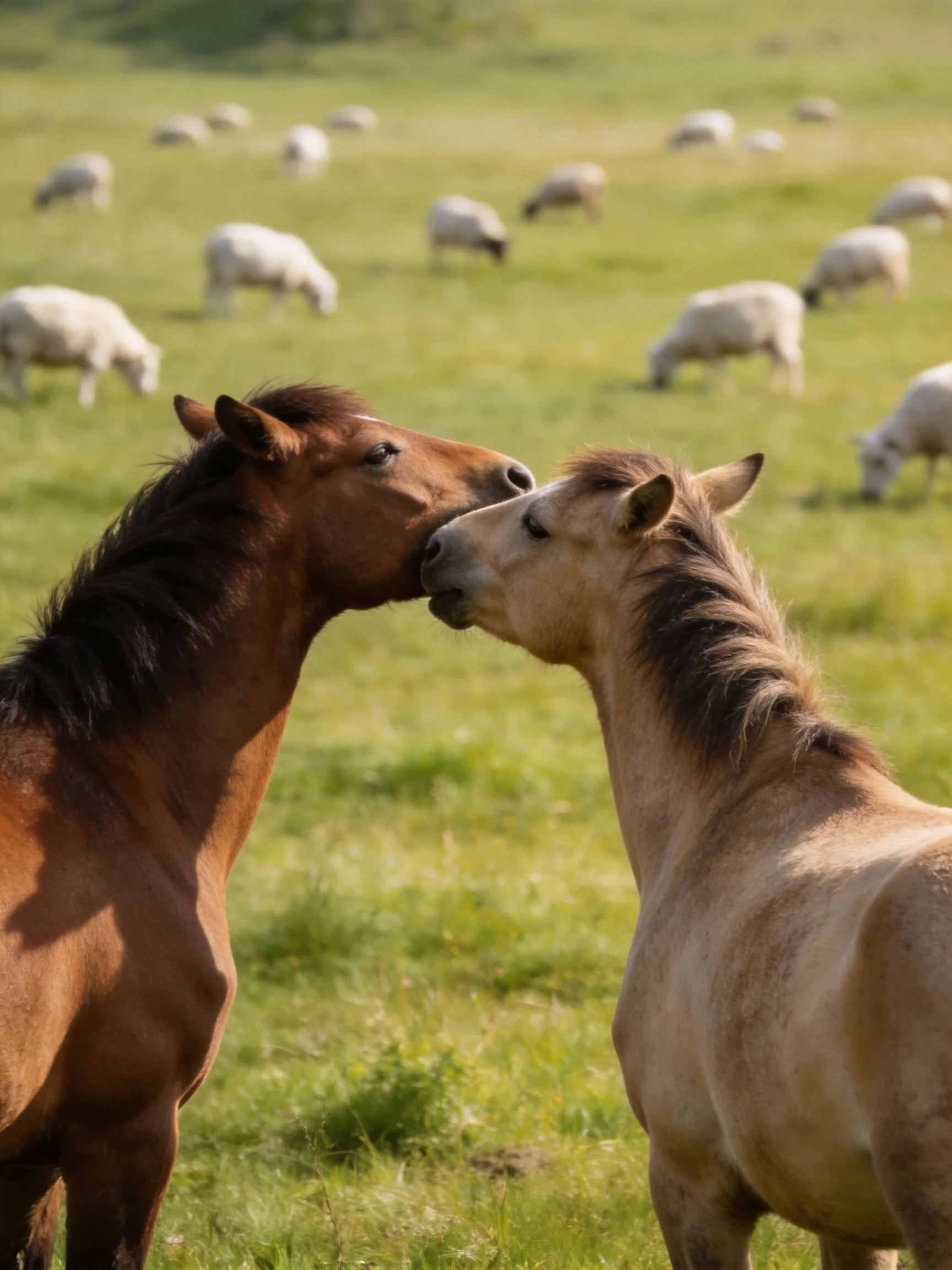 Two horses nuzzle in a lush green pasture with grazing sheep