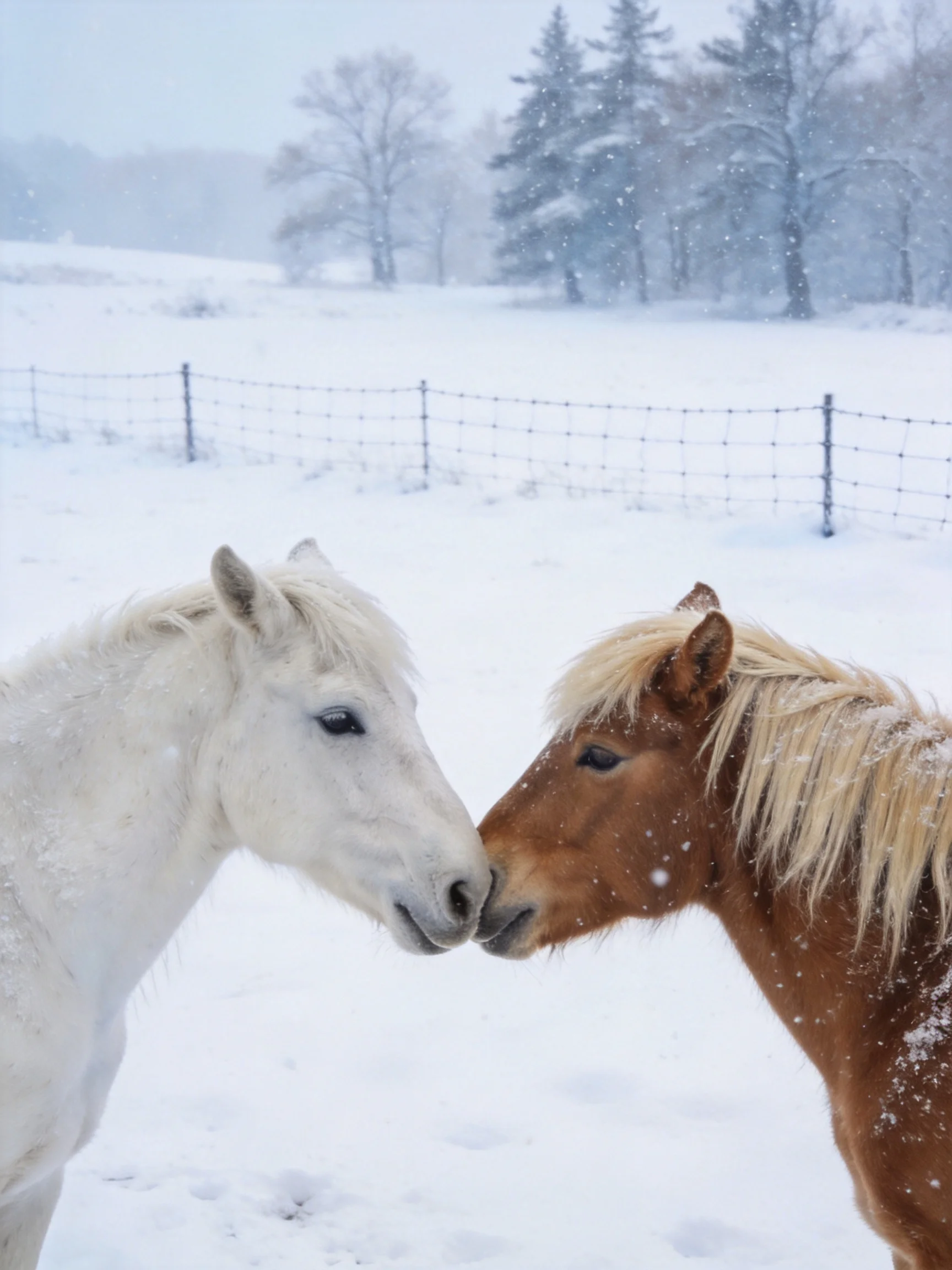 Two horses nuzzle in a snow-covered fenced pasture