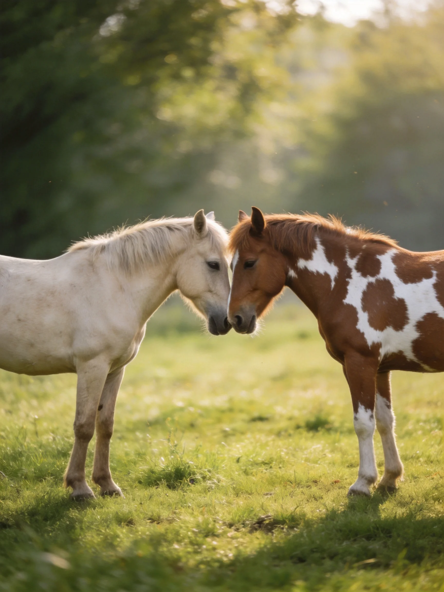 Two horses nuzzle in a sunlit green meadow