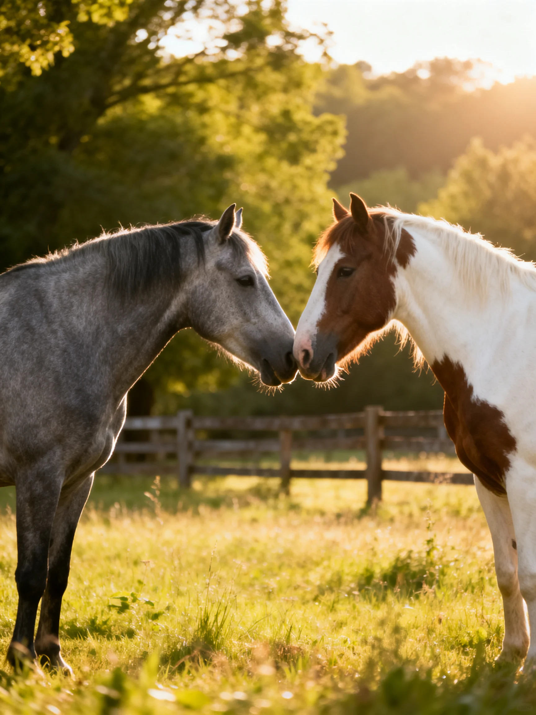 Two horses nuzzle in a sunlit green pasture near a wooden fence