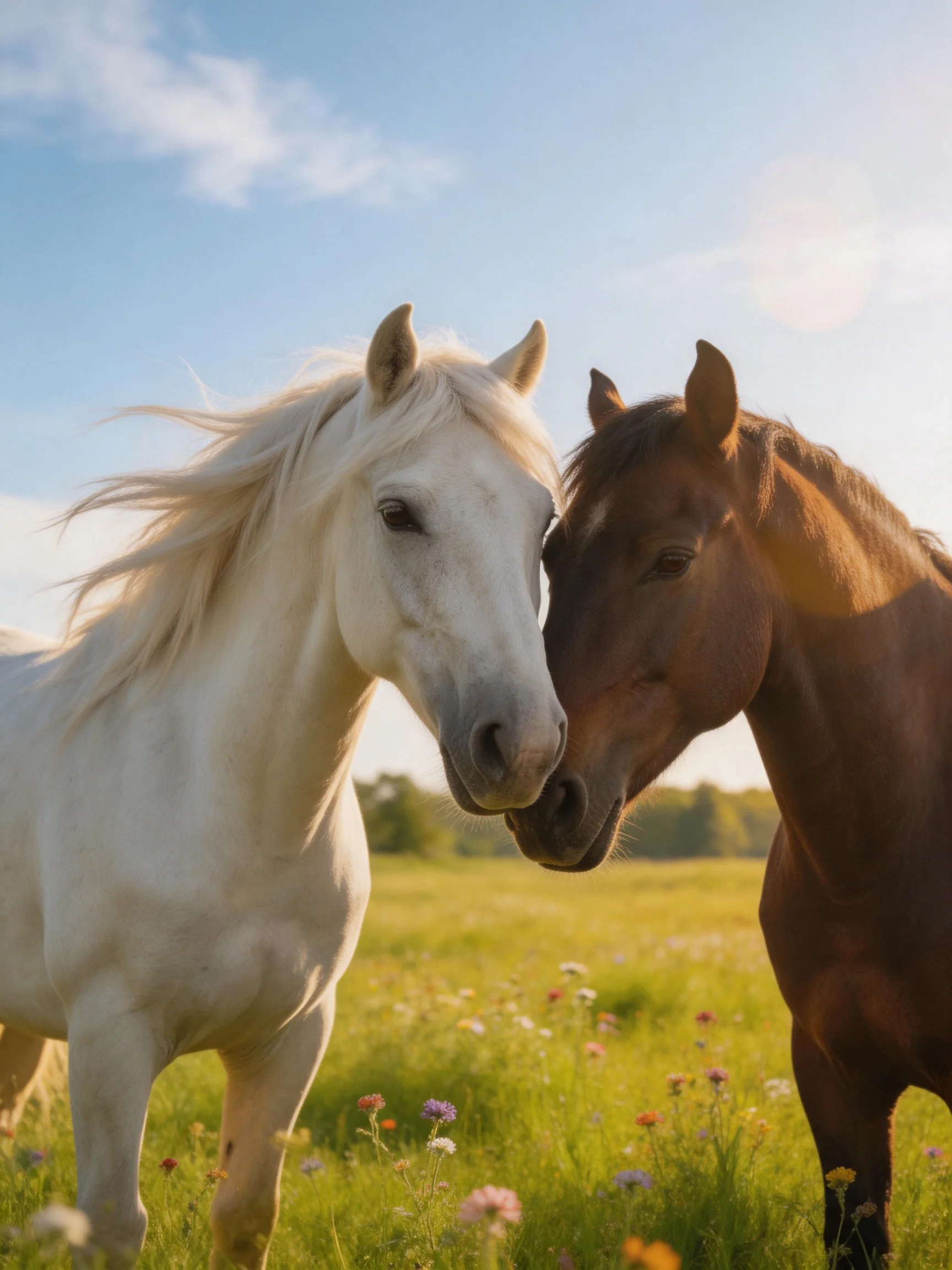 Two horses nuzzle in a sunlit meadow with colorful wildflowers