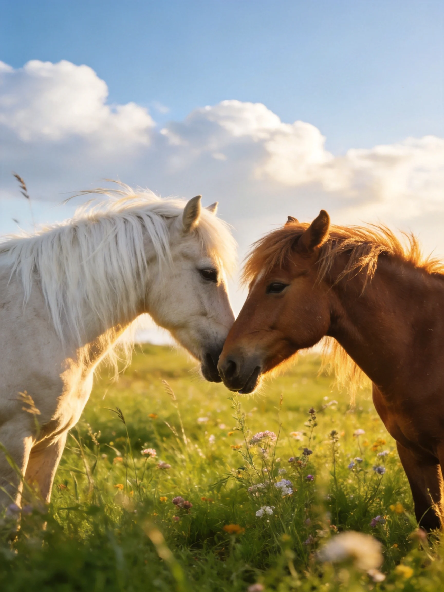 Two horses nuzzle in a sunlit wildflower meadow