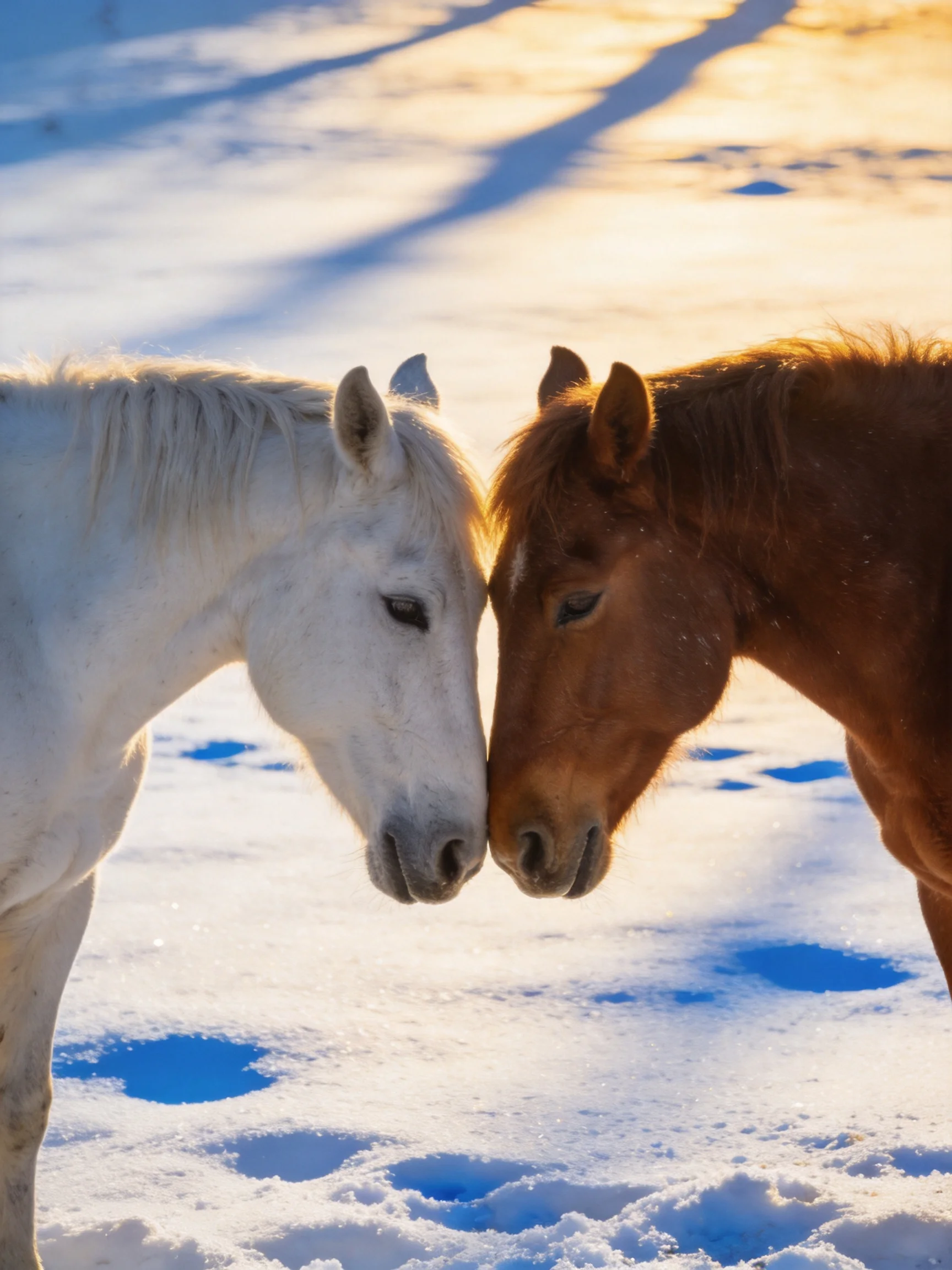 Two horses nuzzle in snowy landscape with golden sunlight