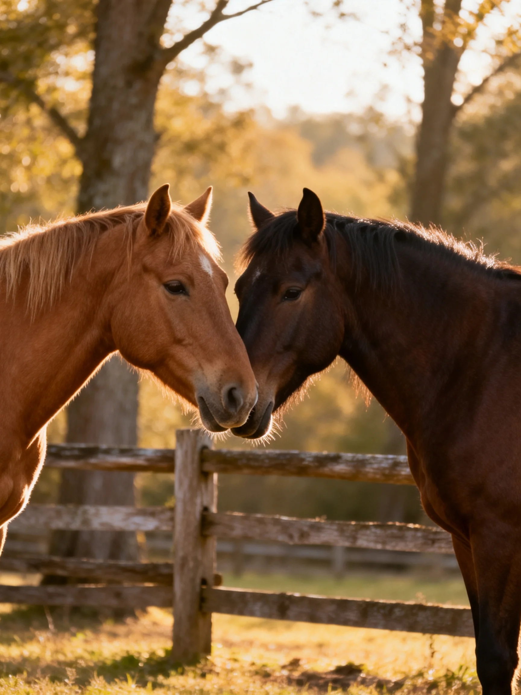 Two horses nuzzle near a weathered wooden fence in golden sunlight