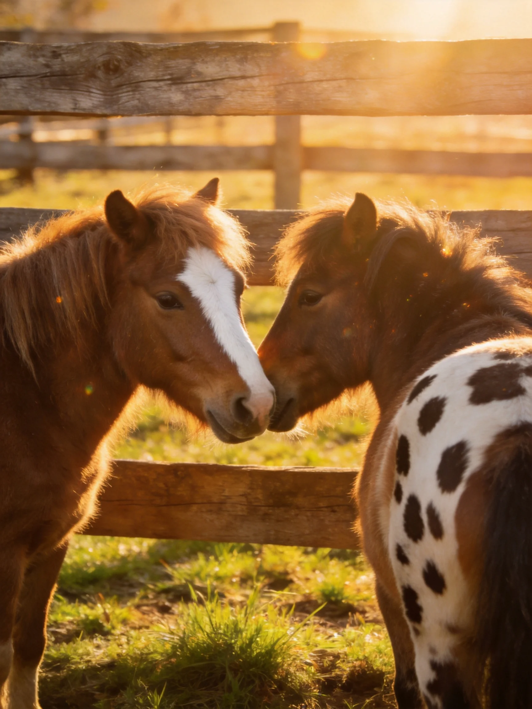 Two horses nuzzle near a wooden fence in golden sunlight