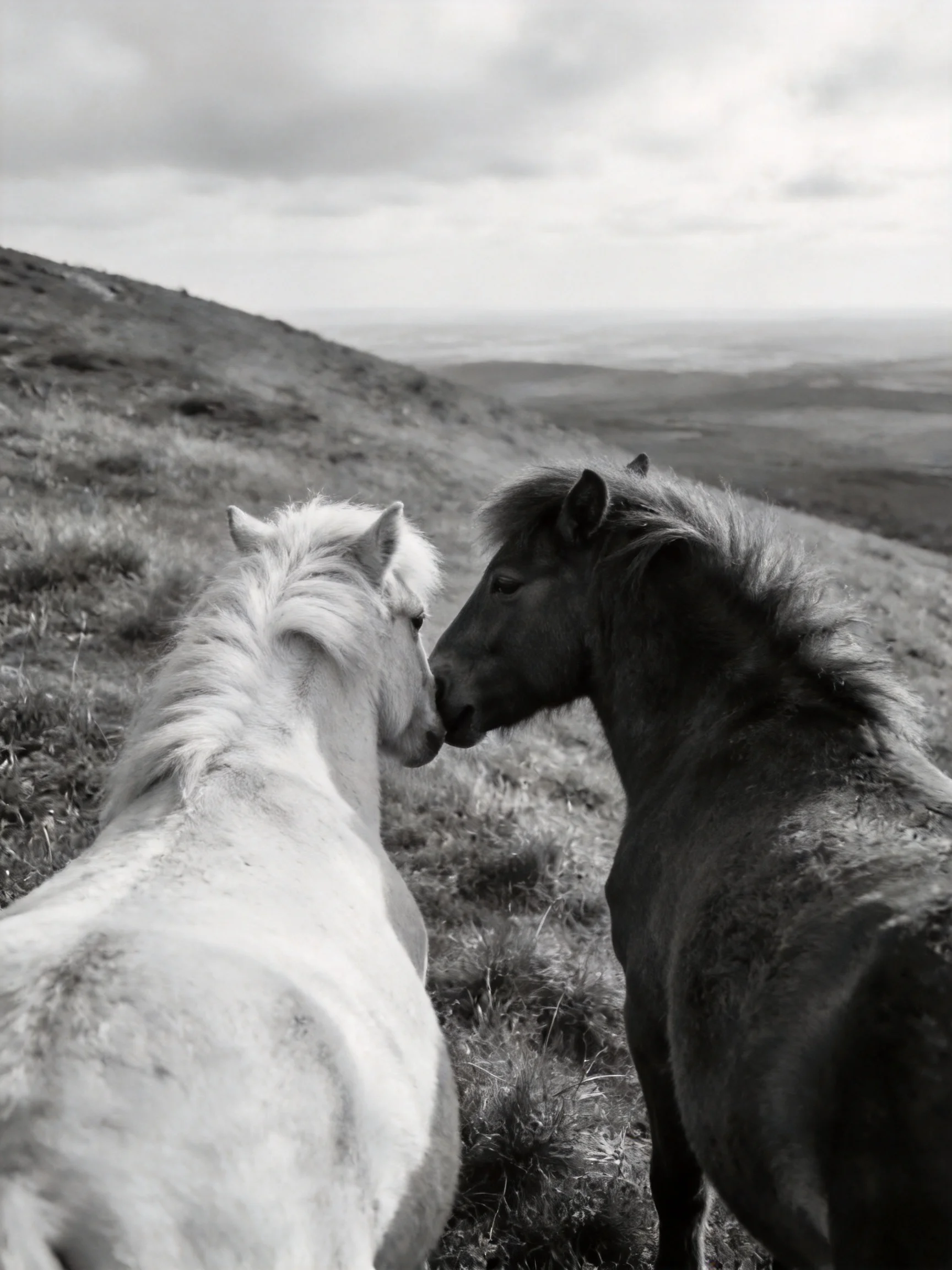 Two horses nuzzle on a grassy hillside in monochrome