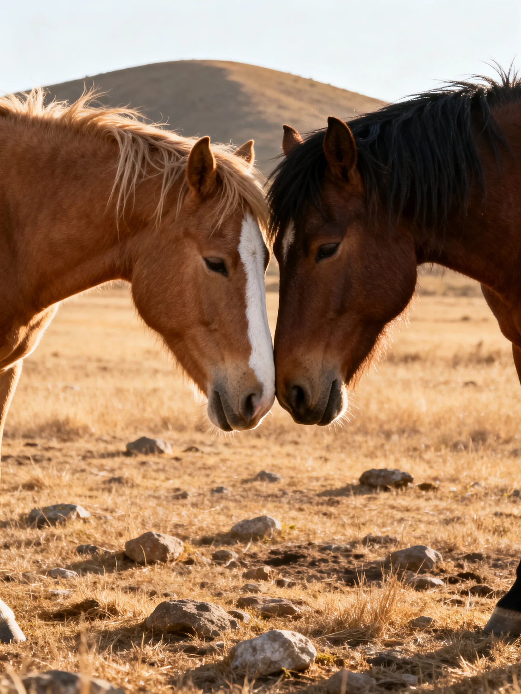 Two horses nuzzling in a rocky, golden field near a hill