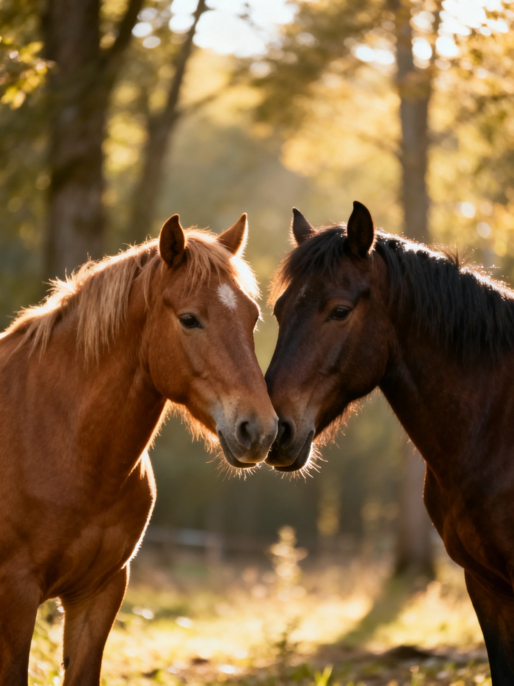 Two horses nuzzling in a sunlit forest clearing