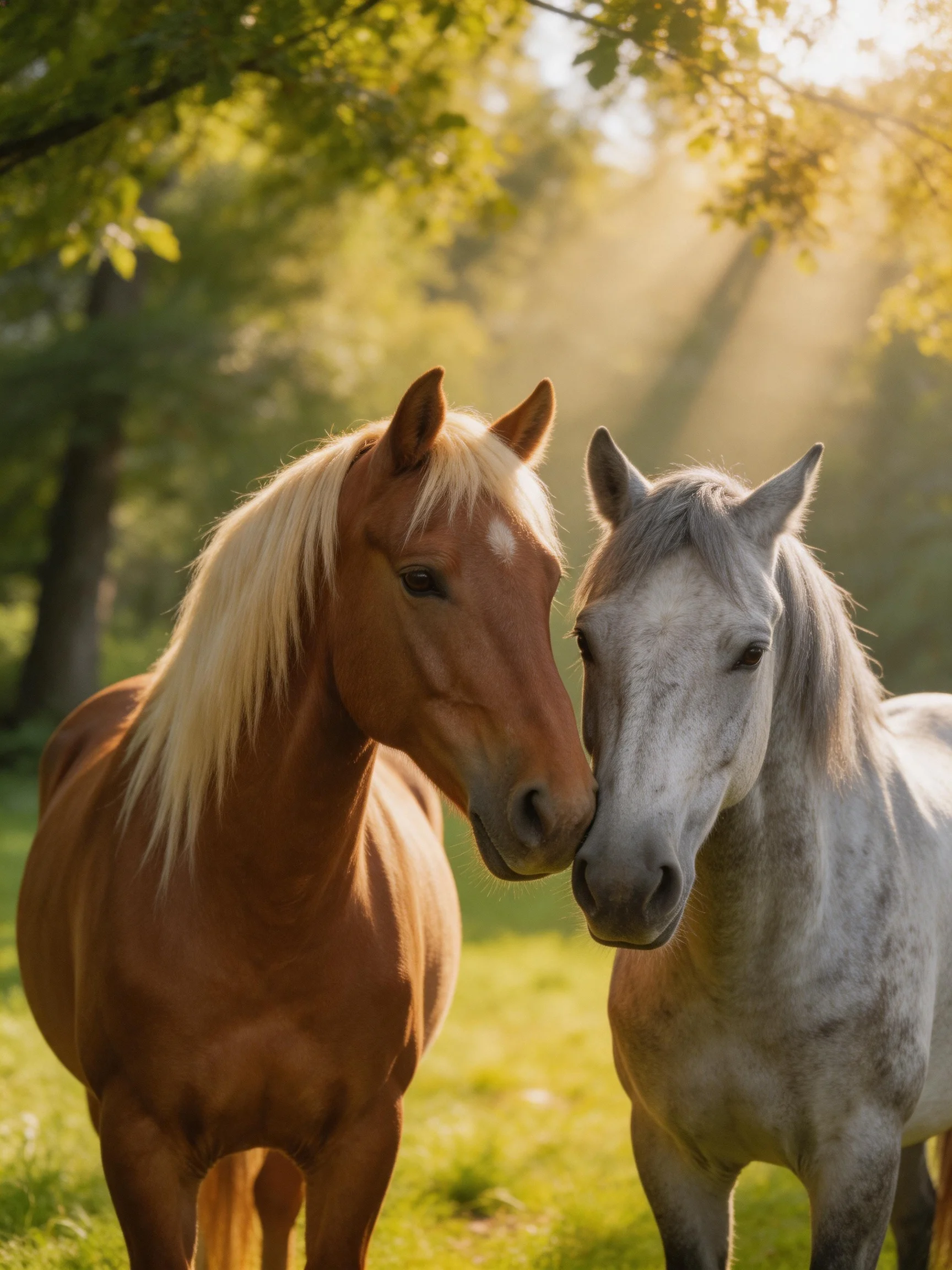 Two horses nuzzling in a sunlit green meadow