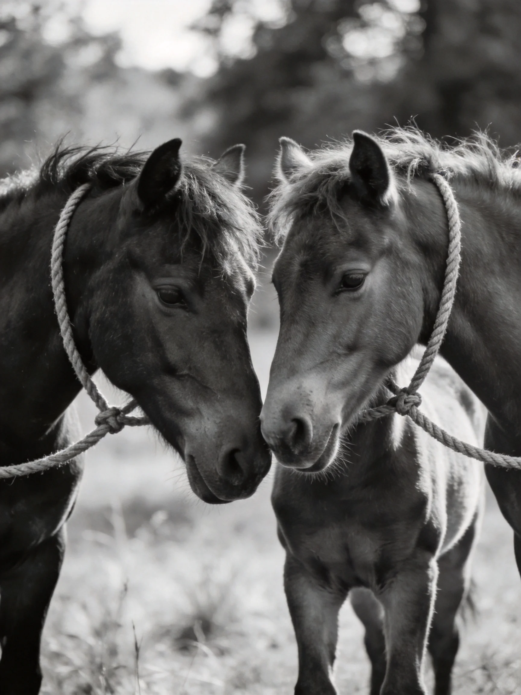 Two horses nuzzling with ropes around their necks in a natural setting