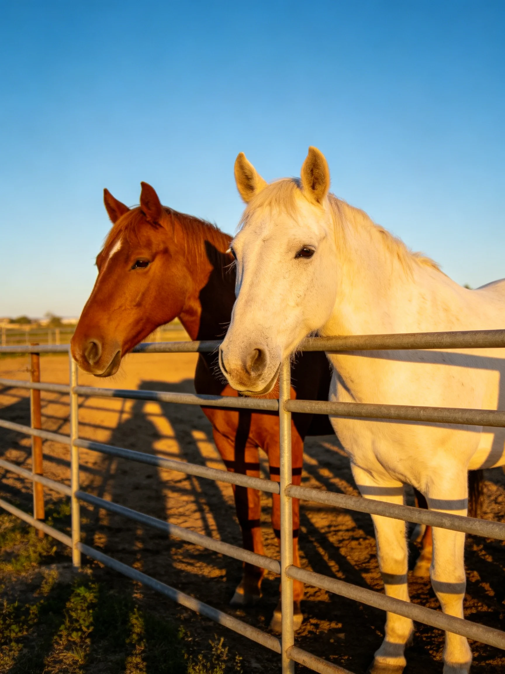 Two horses of contrasting colors lean over a metal fence in golden sunlight