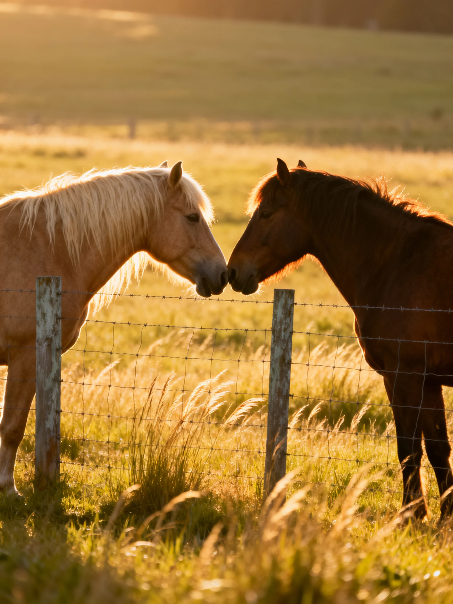 Two horses of contrasting colors nuzzle by a wire fence in golden light