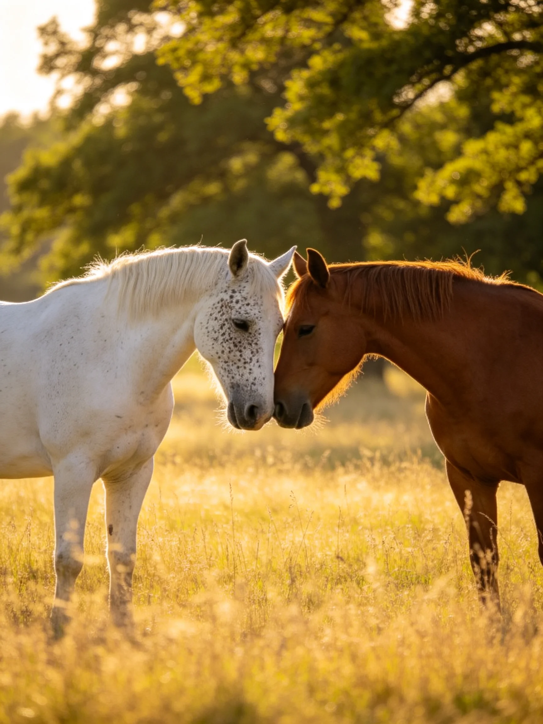 Two horses of contrasting colors nuzzle in a sun-drenched field