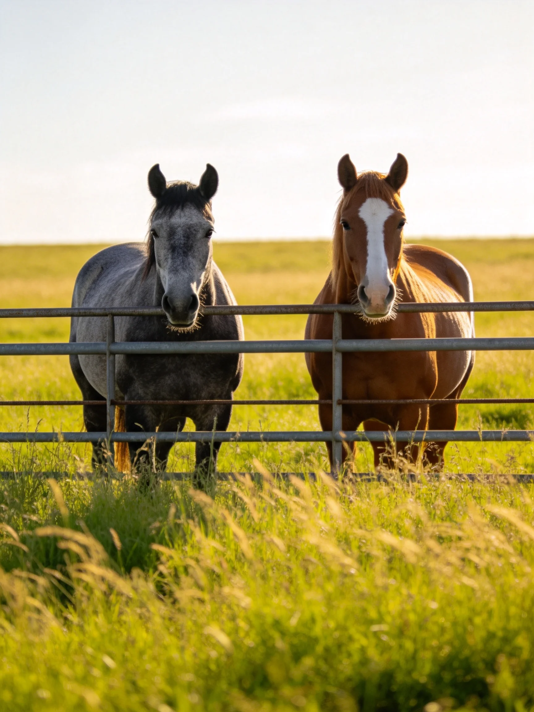 Two horses of contrasting colors stand behind a metal fence in a green pasture