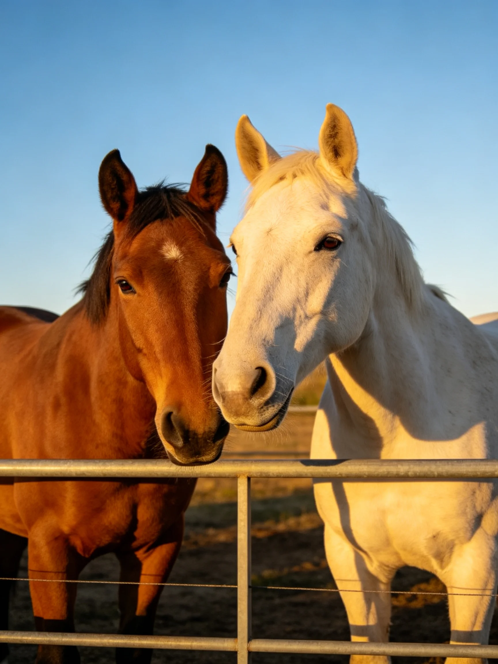 Two horses of contrasting colors stand near a metal fence under clear sky