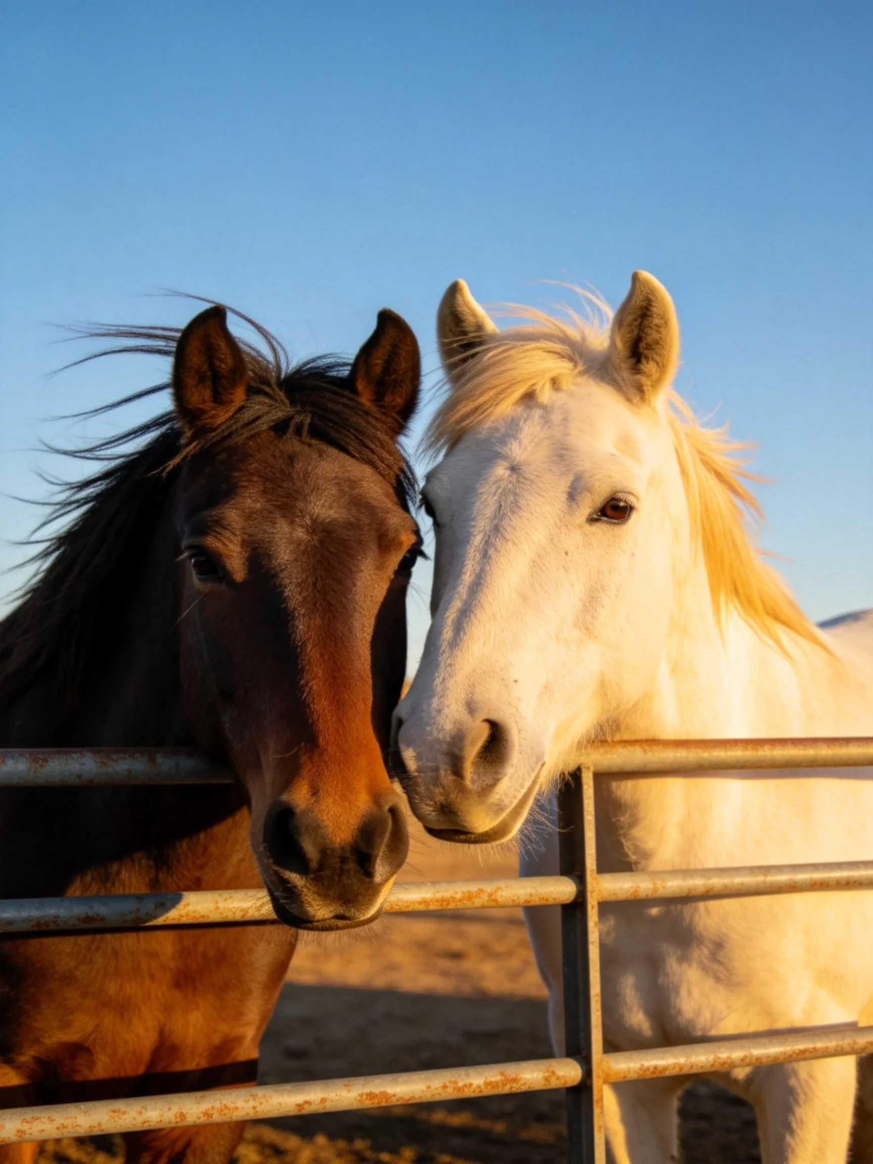 Two horses of contrasting hues nuzzle by a metal fence under clear blue sky