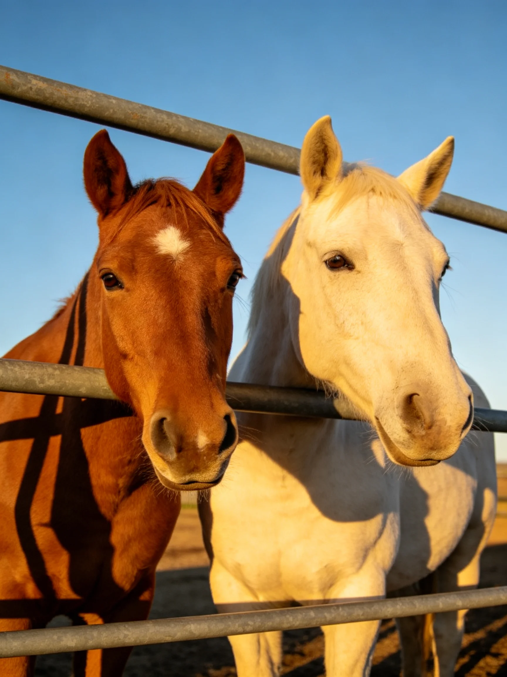 Two horses of contrasting hues peek over a metal fence under clear blue sky