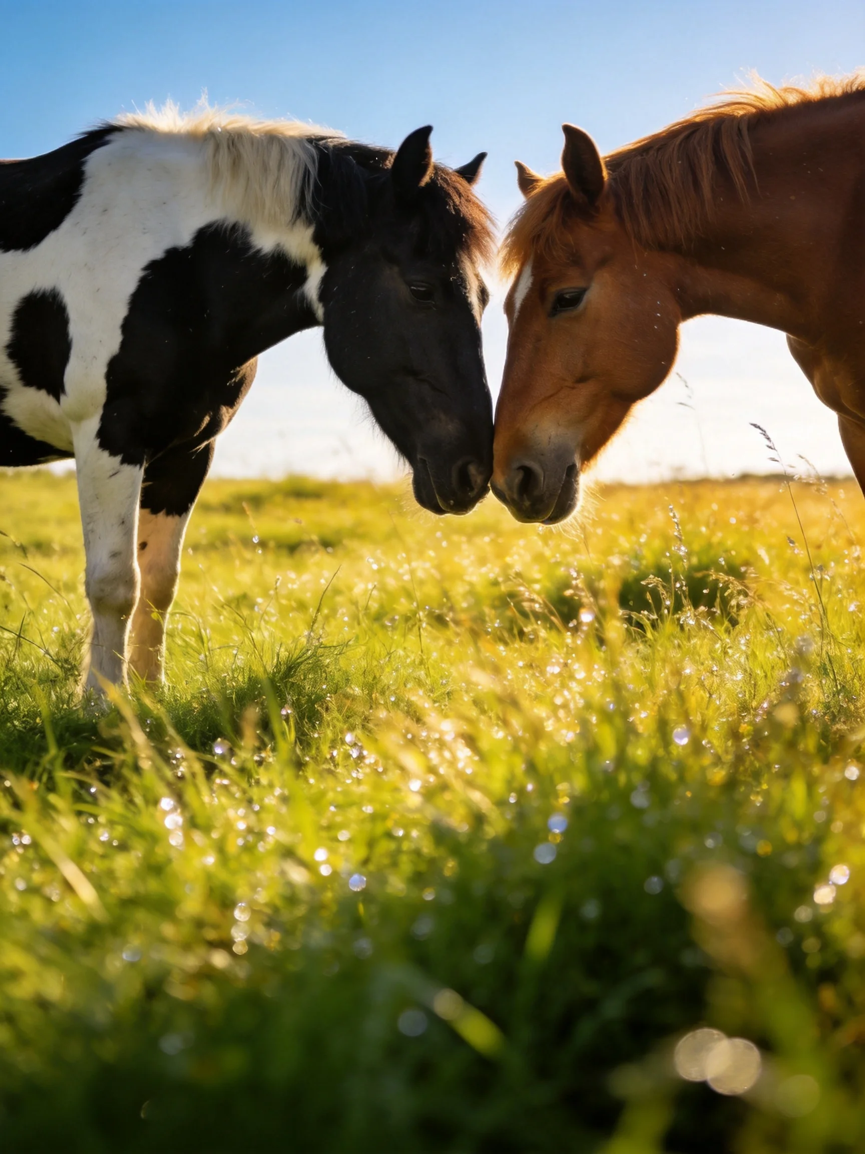 Two horses of different colors nuzzle in a sunlit meadow