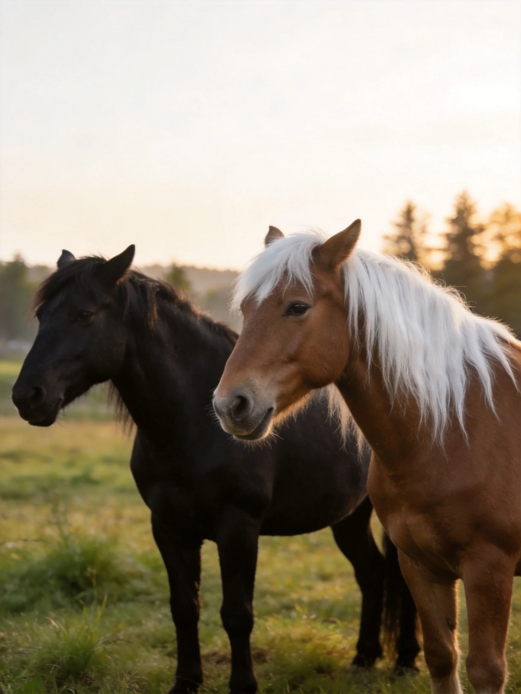 Two horses, one black and one chestnut with a white mane, stand in a sunlit meadow.