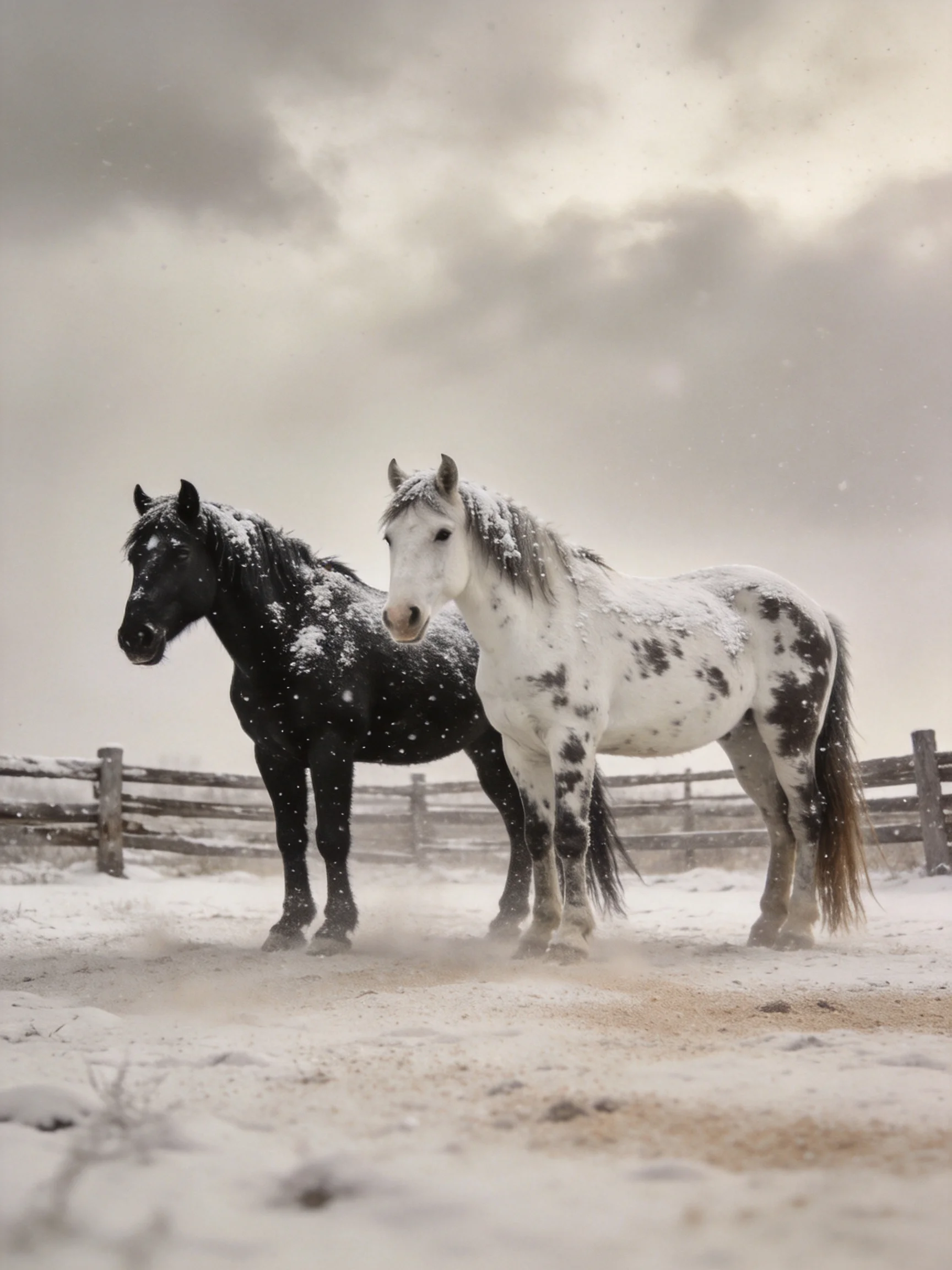 Two horses, one black and one spotted, stand in a snowy fenced area.